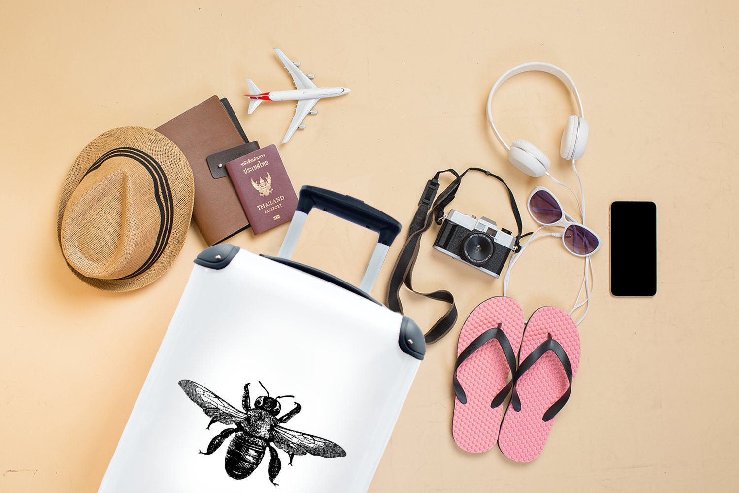 MuchoWow Handgepäckkoffer 4 Ferien, Schwarz mit Biene - weiß, Vintage und Trolley, Insekt - Rollen, Handgepäck rollen, Reisekoffer - für Reisetasche