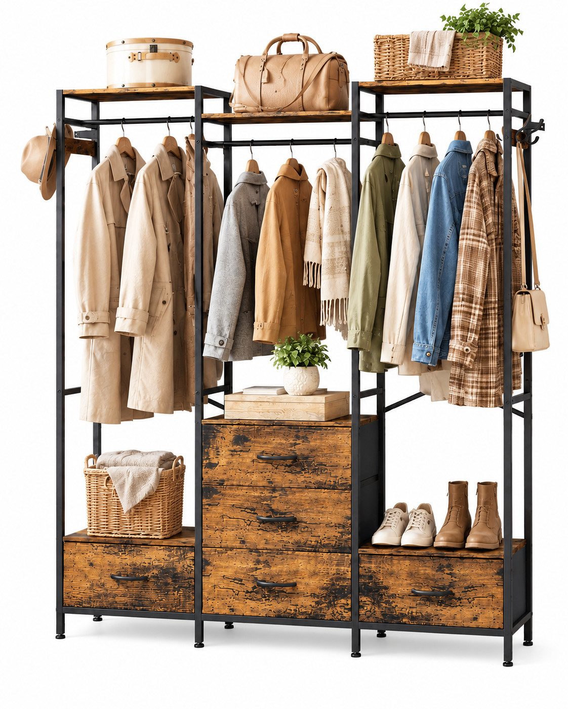 Yorbay Kleiderständer Multifunktionaler Kleiderregal 151x34x193,6 cm, Garderobenständer, mit 3 Kleiderstangen, 5 Schubladen & 4 Haken