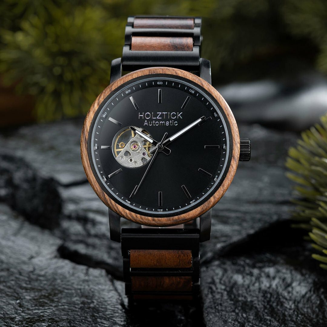 Holztick Bavaria Automatikuhr Bruno black, moderne Herrenuhr aus Ebenholz gefertigt