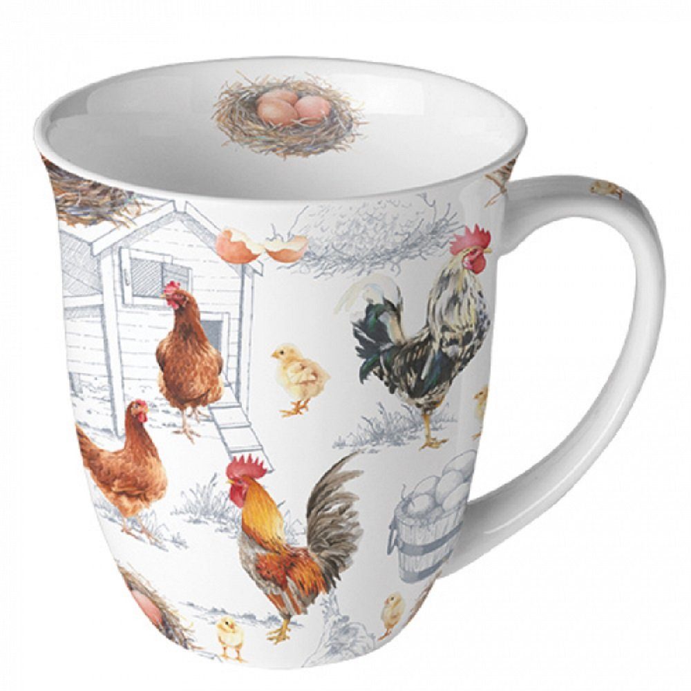 Ambiente Luxury Paper Products Becher Bauernhof, Sommer, Blumen, Planzen, Tiere, Ostern Kollektion, Porzellan Becher Bauernhof / Hahn, Frühling Tischdeko, Osterdeko, Tasse, Mug, Geschenke