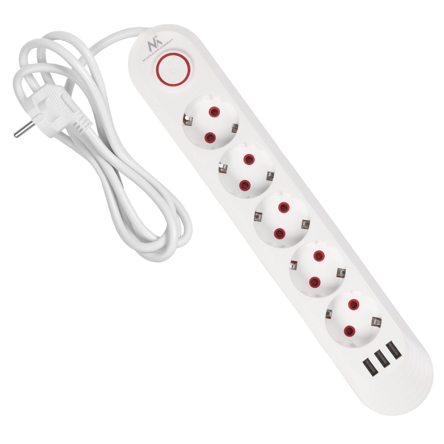 Maclean MCE395 5 Steckdosen 2500W 3xUSB Steckdosenleiste 5-fach (Kabellänge 1.5 m), 110-240V AC 50/60Hz, 2,1A max 2500W, 1,5m – Bild 4 von 5