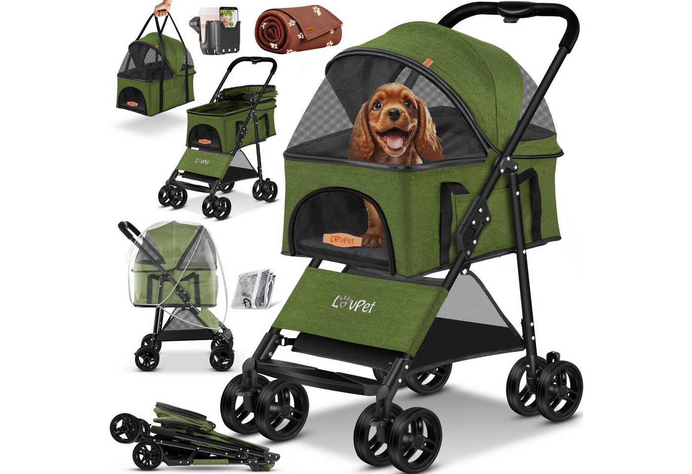 Lovpet Hundebuggy 2in1 Hundewagen max. bis 20kg Buggy für Haustiere, (Hundebox & Tasche mit Regenschutzabdeckung Getränkehalter Kuscheldecke), Haustier- & Katzenbuggy faltbar & klappbar mit Netzfenster