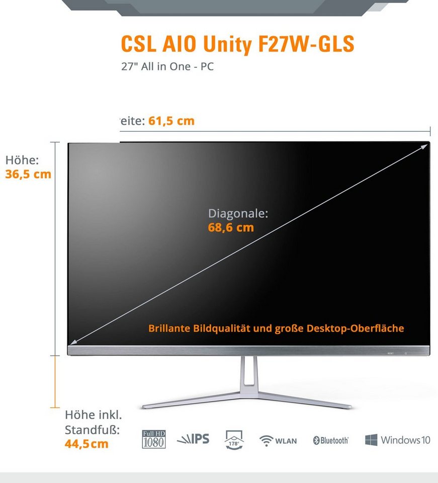 CSL Unity F27-GLS mit Windows 10 Home All-in-One PC (27 Zoll, Intel® Celeron  Celeron® N4120, UHD Graphics 600, 16 GB RAM, 128 GB SSD)