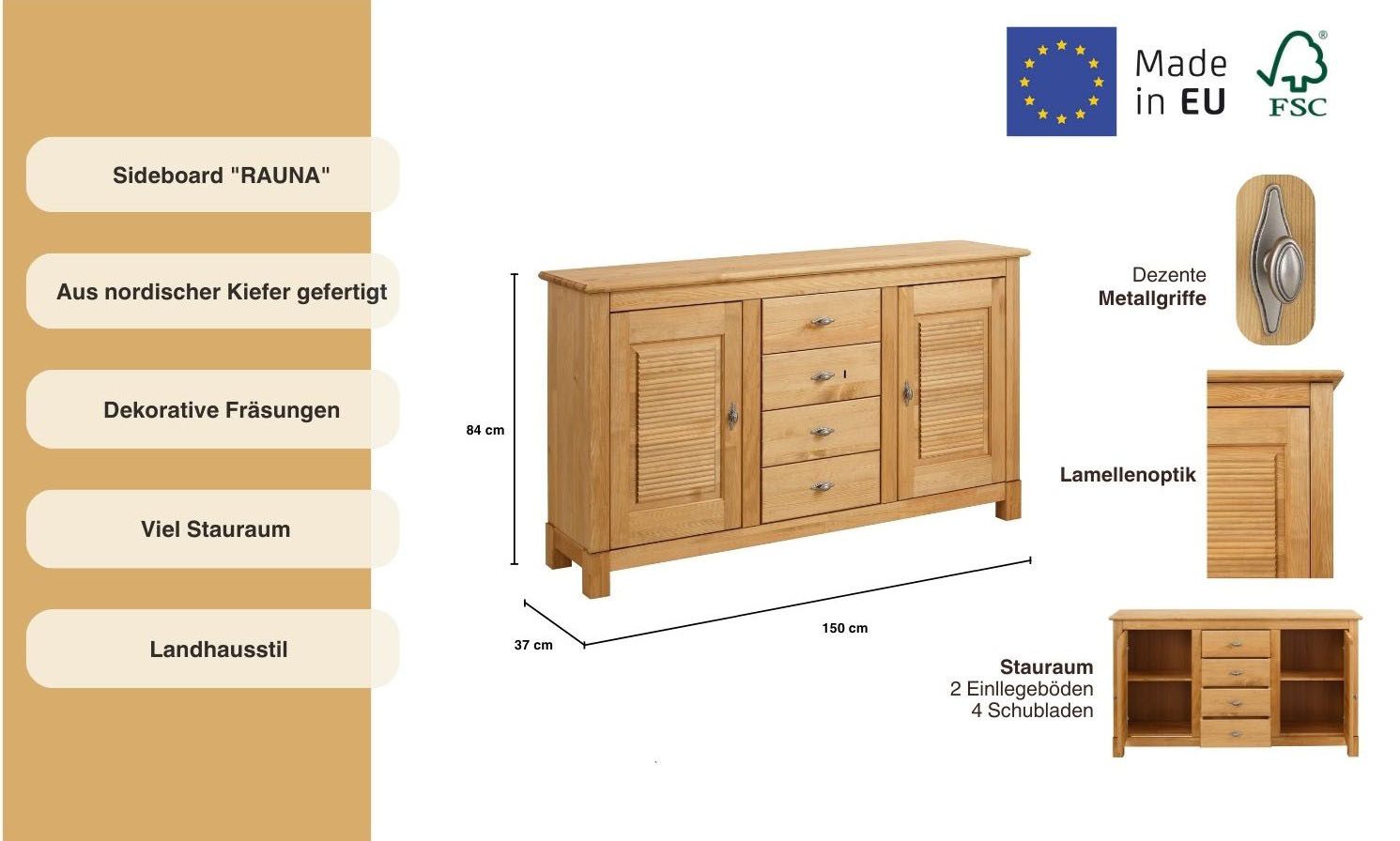 OTTO home Sideboard Rauna, Kommode, Landhausstil (B/T/H: 150/37/84 cm), Kommode, FSC®-zertifiziertes Massivholz, Breite 150 cm