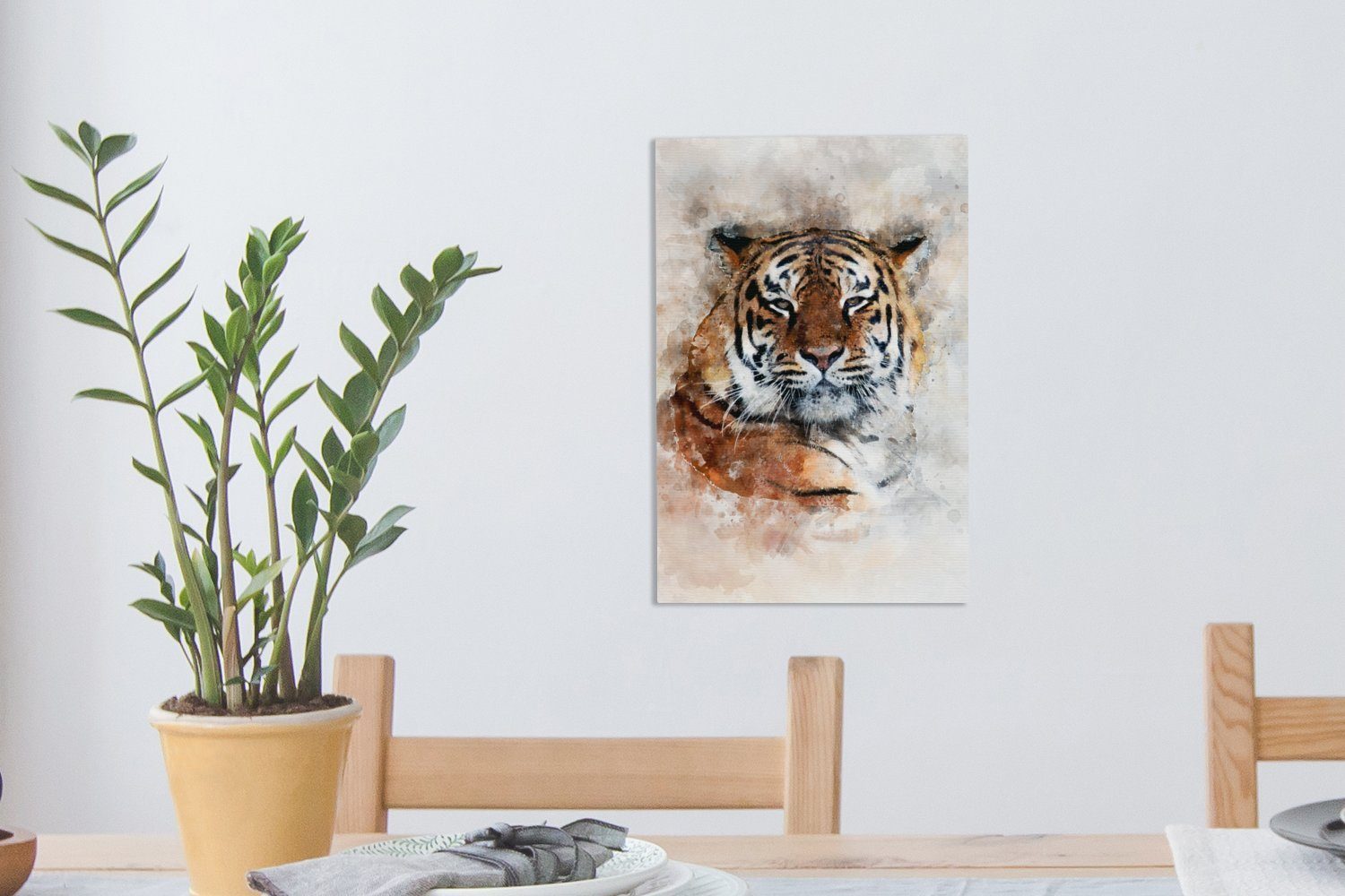 cm St), OneMillionCanvasses® bespannt inkl. - Tiger fertig Nebel, 20x30 Zackenaufhänger, Kopf Gemälde, (1 Leinwandbild Leinwandbild -