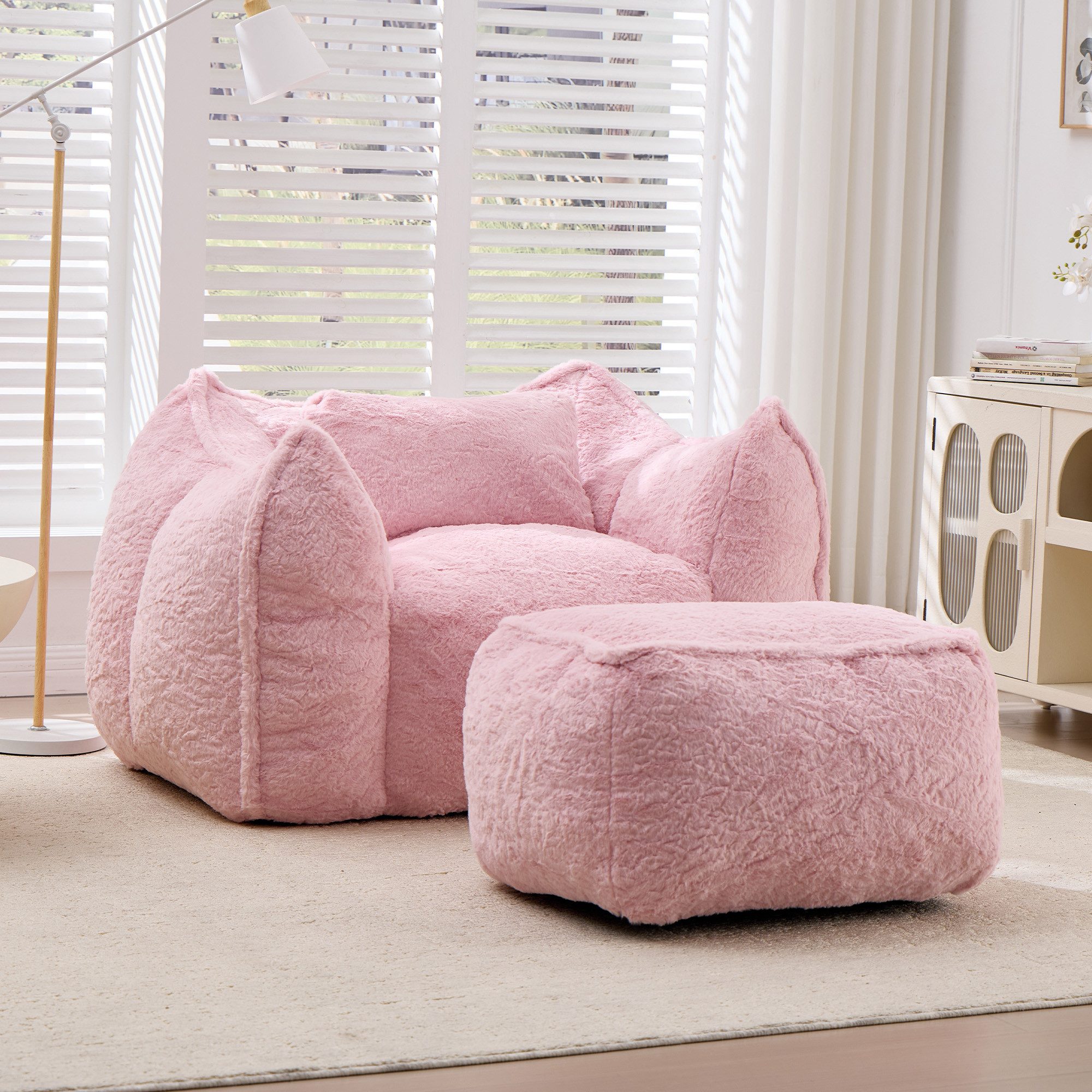 Vankel Relaxliege Sofas Wohnzimmer Loungesessel mit Hocker aus Kunstfell weich, Bean Bag Sessel mit Fußhocker, Schaumstofffüllung & Komfort