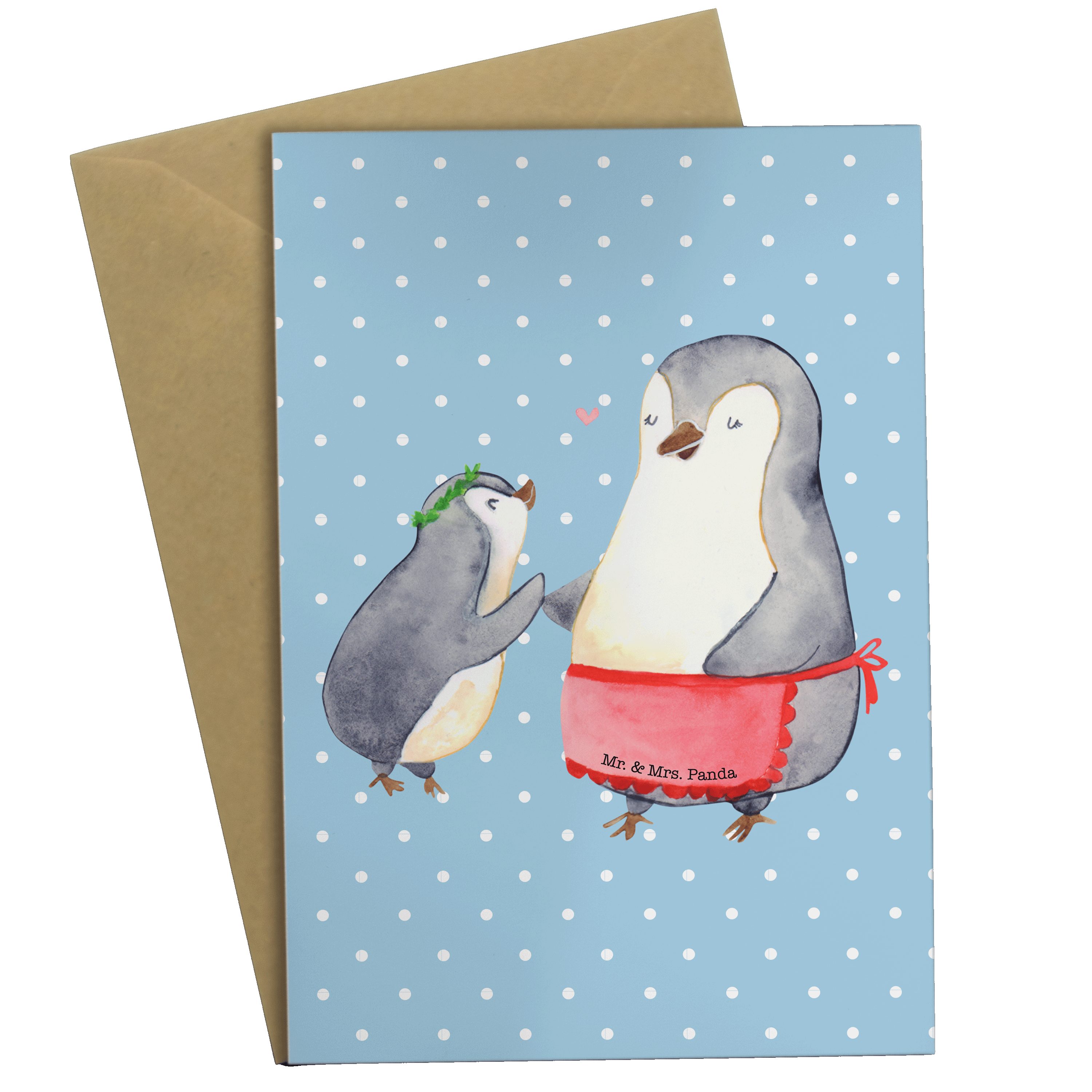 Mr. & Mrs. Panda Grußkarte Pinguin mit Kind - Blau Pastell - Geschenk, Hochzeitskarte, Pinguine