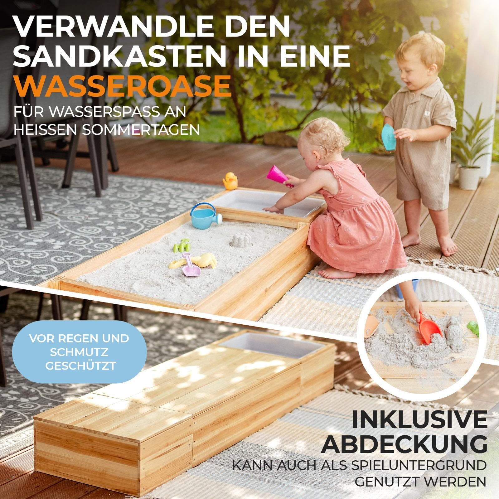 SCHRIMA Sandkasten 4 in 1 Sandkasten aus Massivholz - mit Holzabdeckung + Wasserwanne