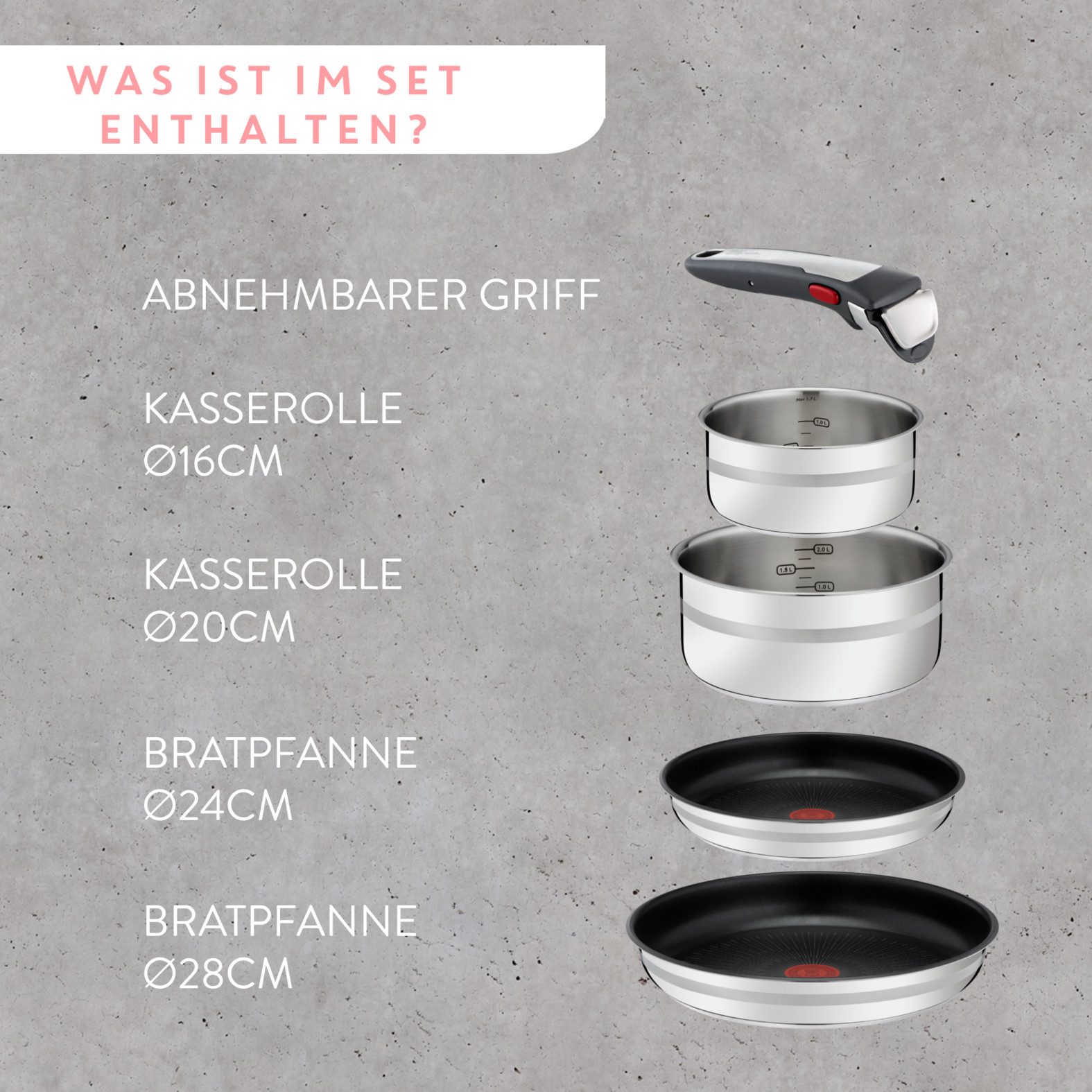 Tefal Pfannen-Set Jamie Oliver Ingenio G6, Topf und Pfannenset abnehmbarer Griff, Edelstahl (Set, 5-tlg., 2x Pfannen Ø 24/28 cm, 2x Kasserollen Ø 16/20 cm, 1x abnehmbarer Griff), stapelbar, platzsparend, einfache Reinigung, Induktion, L97696