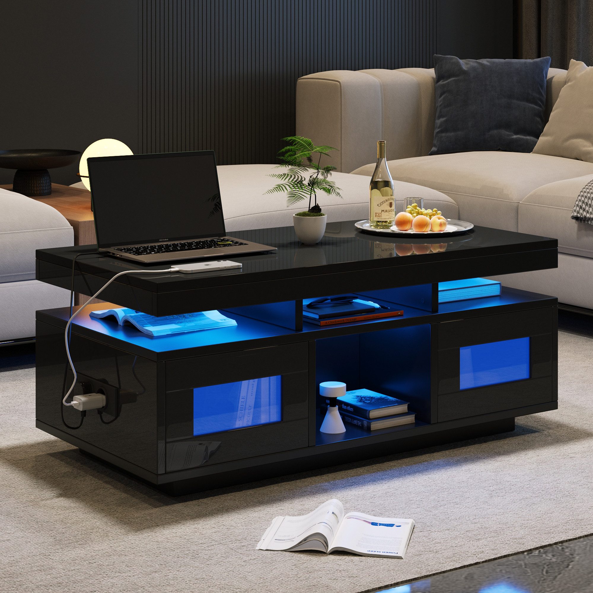 STILVORA Couchtisch Wohnzimmertisch mit LED Kaffeetisch Beistelltisch mit steckdose (Satztisch, Wohnzimmertisch, Beistelltisch, 1-St., mit Ladeanschluss und steckdose), mit per mobiler App steuerbaren LED-Leuchten