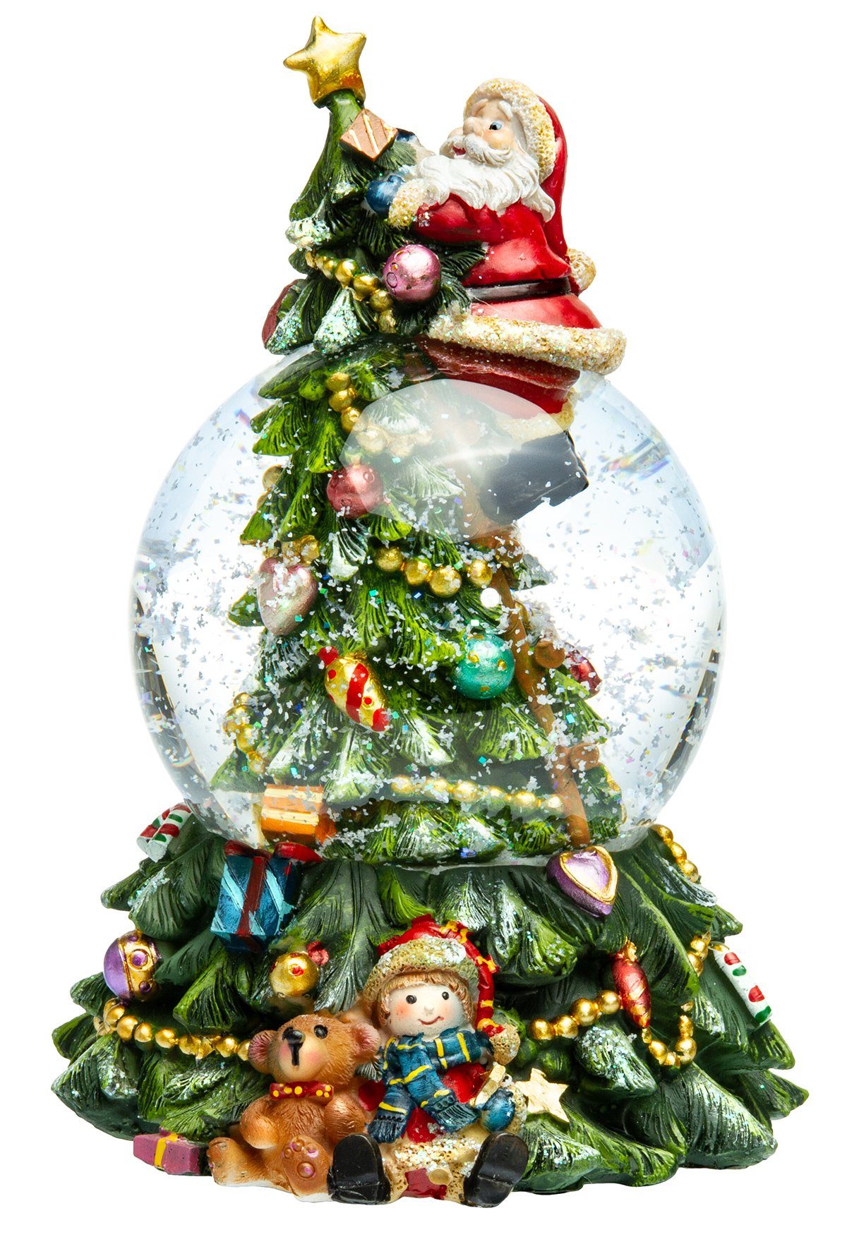 Schneekugel SK17 Weihnachtsmann auf dem Weihnachtsbaum mit Spieldose D:10cm