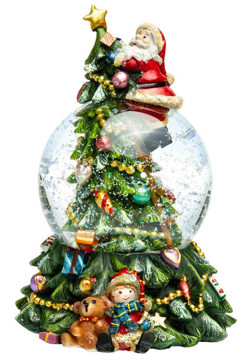 SIKORA Schneekugel SK17 Weihnachtsmann auf dem Weihnachtsbaum mit Spieldose D:10cm
