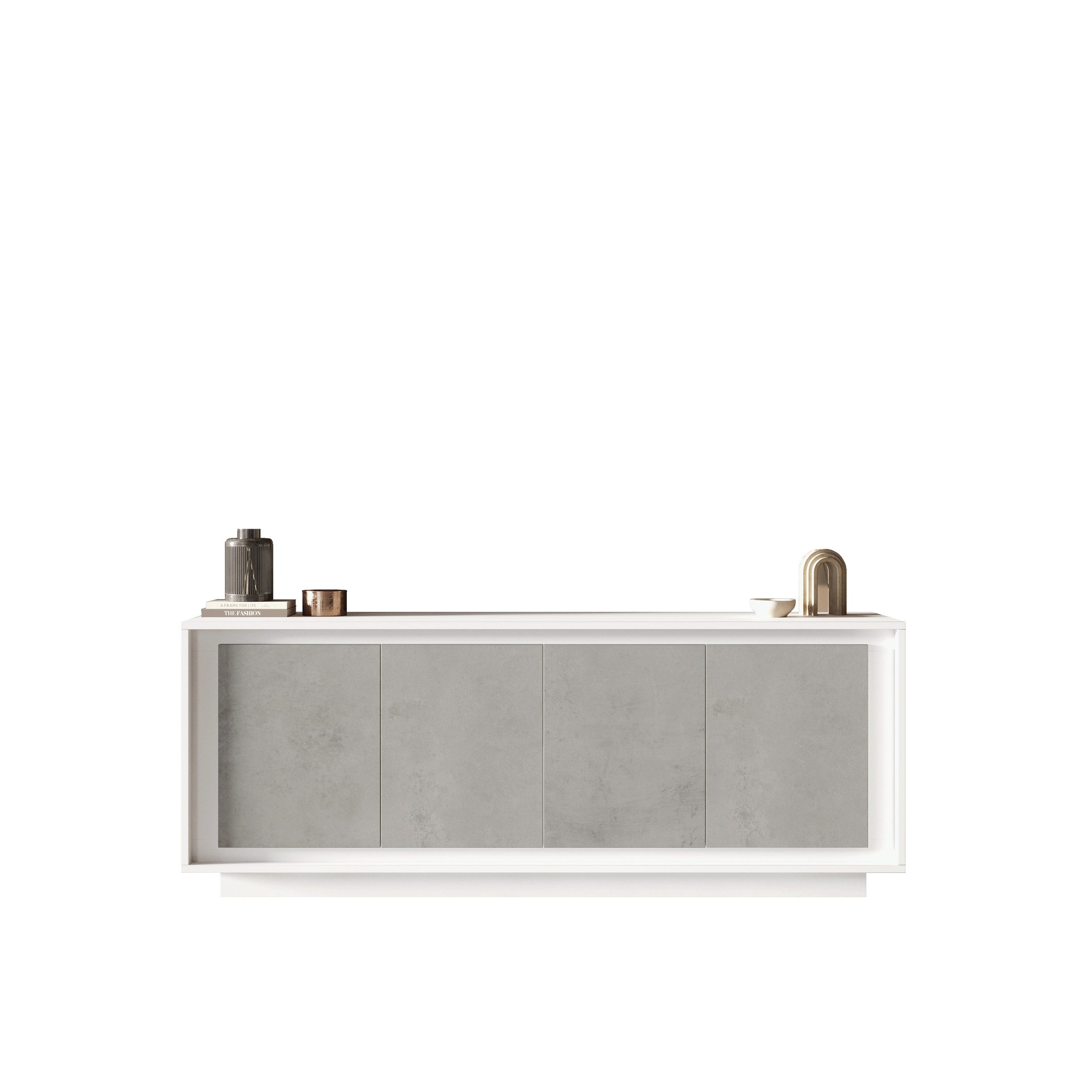 freiraum Sideboard Siena, 4 Türen, Soft-Close, Weiss Lack matt / Beton-Optik - 207x80x50 (BxHxT)