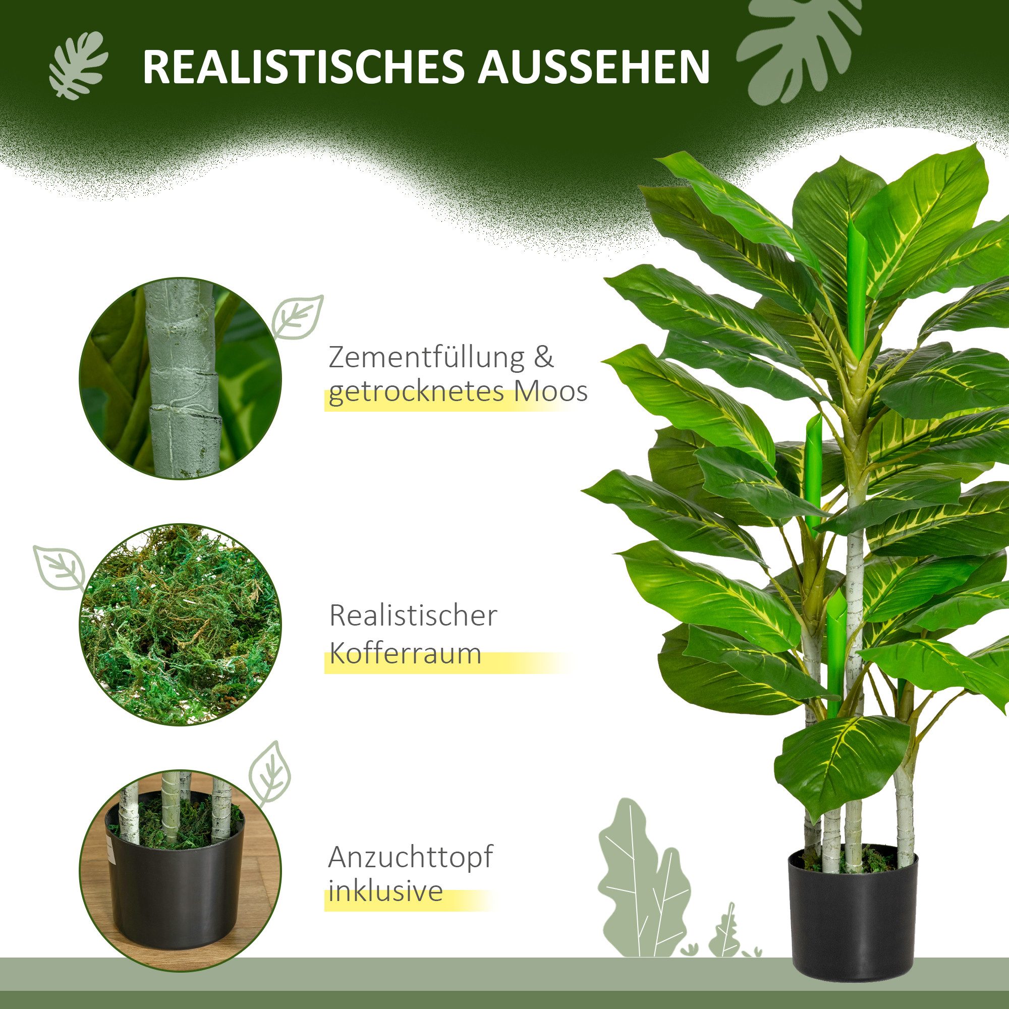Kunstpflanze Künstlicher Baum mit 33 Blättern, künstliche Pflanze Aglaonema (immergrün), HOMCOM, Höhe 95.0 cm, mit Topf, pflegeleicht, realistisch – Bild 5 von 5