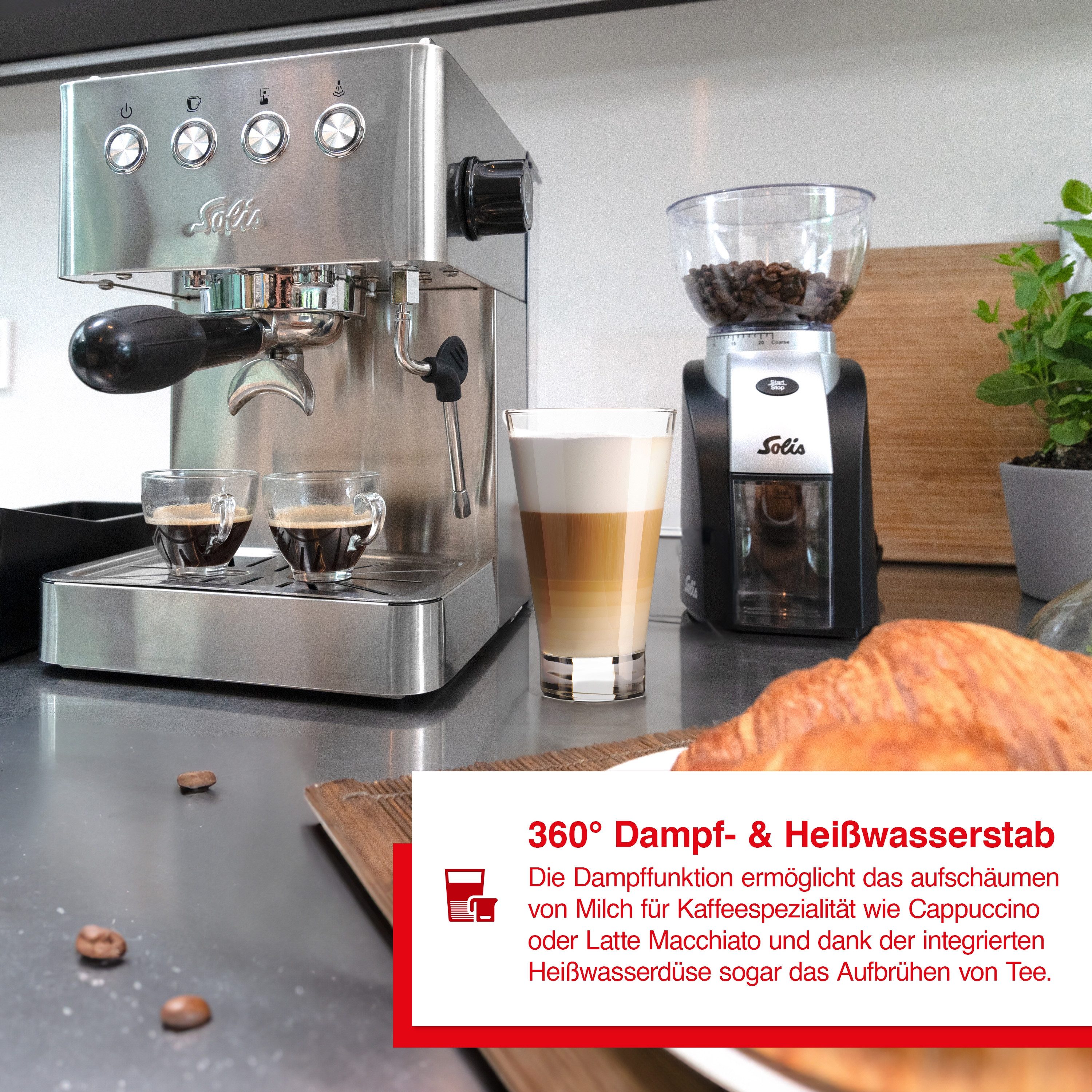 SOLIS OF SWITZERLAND Siebträgermaschine, Siebträger 58 mm, 15 Bar Druck, 360 ° Heißwasserstab, Programmierbar