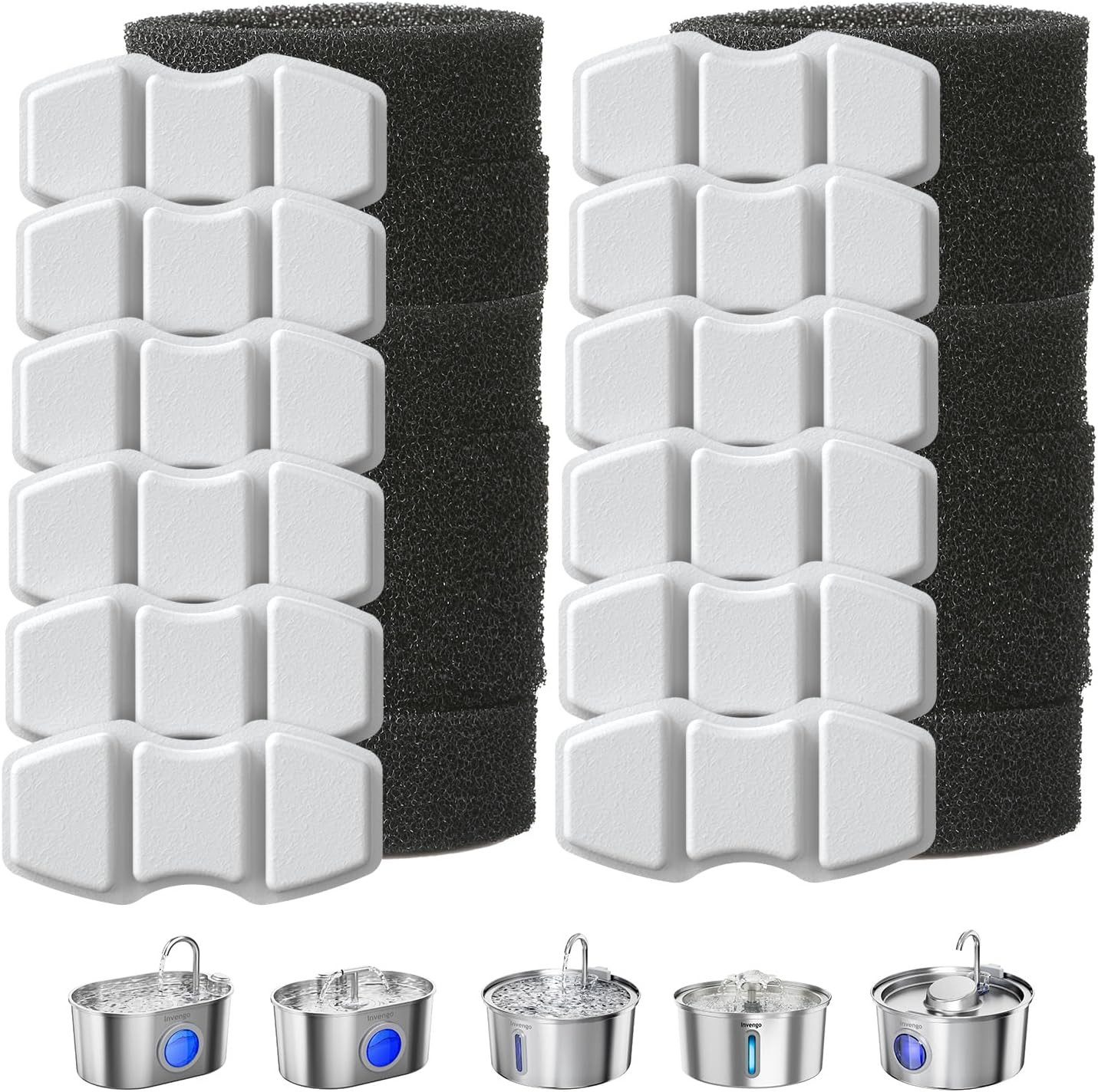 Invengo Ersatzfilter Katzenbrunnen Filter Set 12 Kohlefilter 12 Schwämme kompatibel, Zubehör für Invengo MeowFlow E20 & MeowFlow Serie, Mehrstufige Filterstruktur mit Kohlefilter und Schwamm Vorfilter