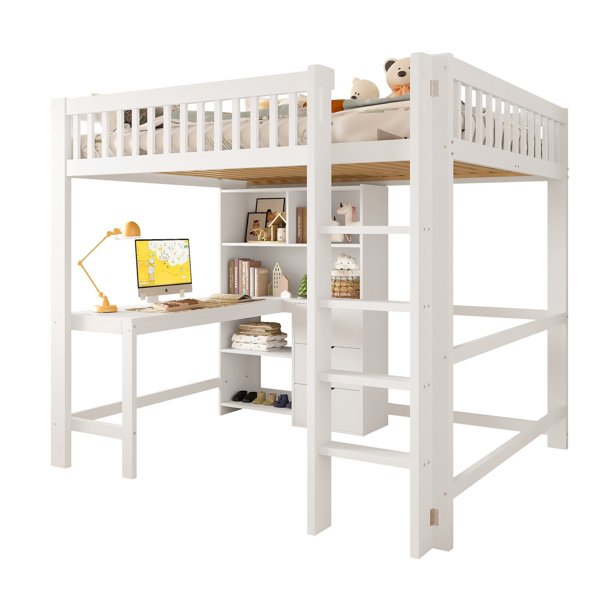 SOFTWEARY Hochbett mit Schreibtisch und Regal günstig online kaufen