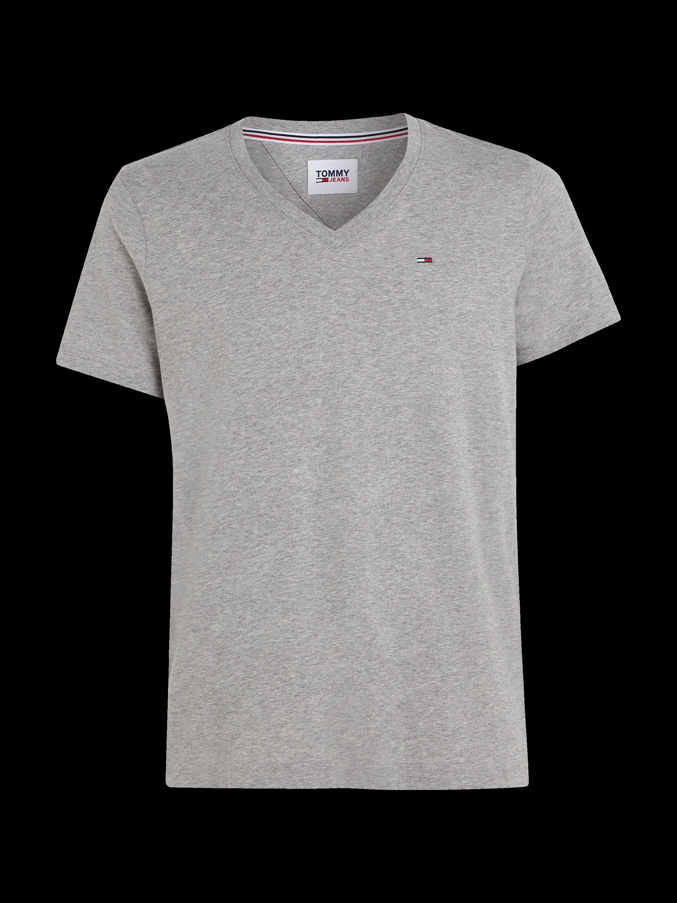 Tommy Jeans T-Shirt TJM und V Logo-Flag TEE JERSEY heather light V-Ausschnitt grey ORIGINAL NECK mit dezenter 038