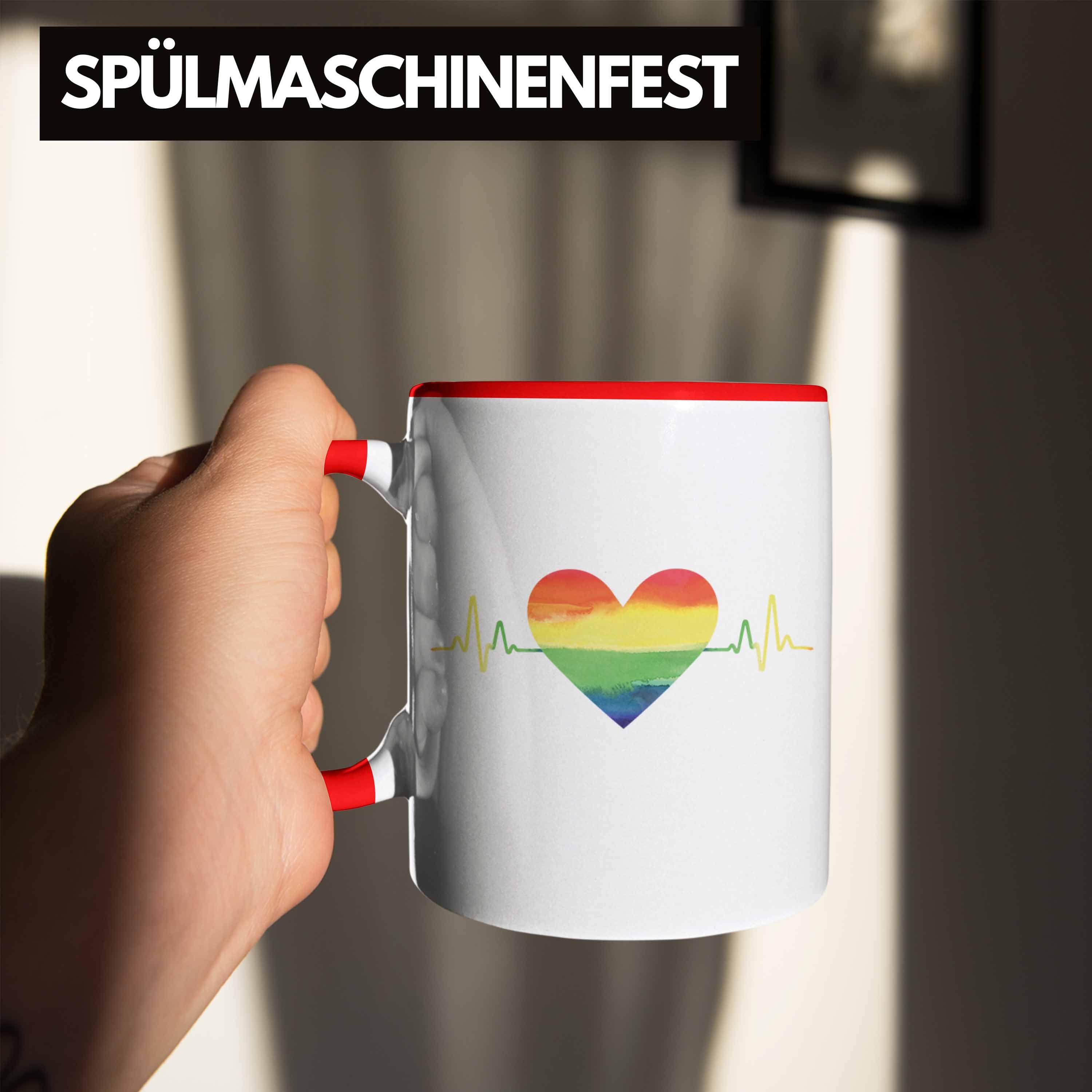 Trendation Tasse Trendation - Rot Tasse Herzschlag LGBT Schwule Regenbogen Lesben Geschenk Pride Grafik Transgender