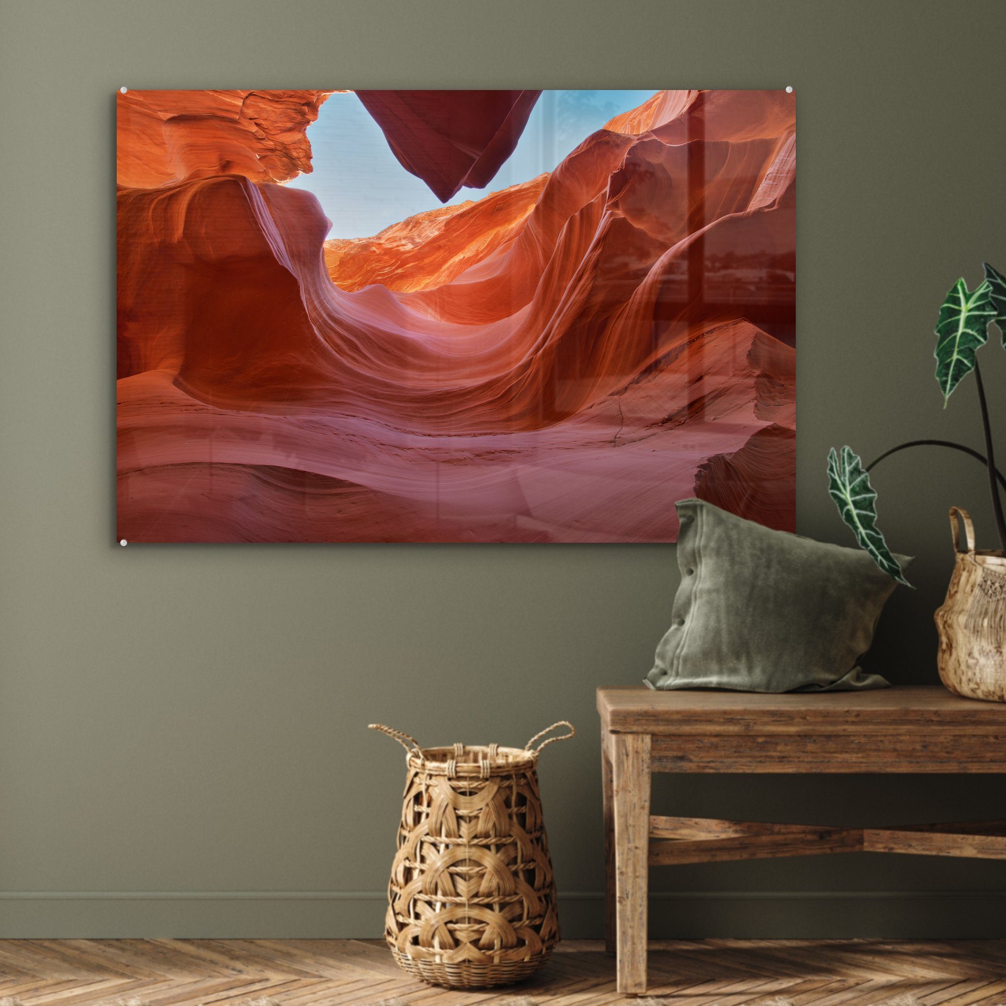 MuchoWow Acrylglasbild Felsen unter Acrylglasbilder Schlafzimmer Sonne St), & brennenden im der Wohnzimmer (1 Antelope Canyon