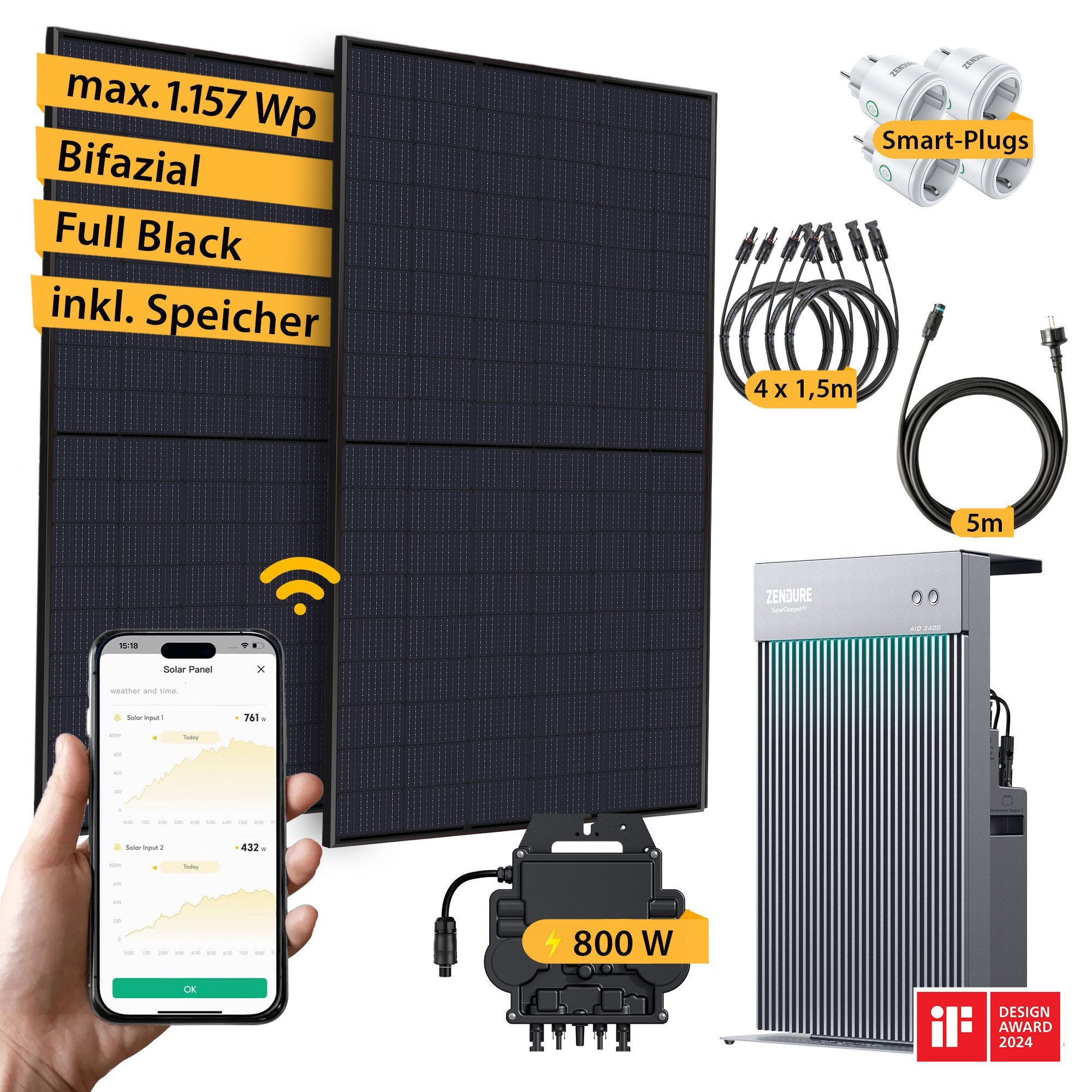 VALE Balkonkraftwerk Solaranlage Set Solarpanel mit Speicher für private Stromerzeugung, (890W / 1780W, (Photovoltaik Set inkl. Solarbatterie, 2 x oder 4 x Panel), Komplettset, Solarmodul, Stromspeicher, Wifi, App-Steuerung