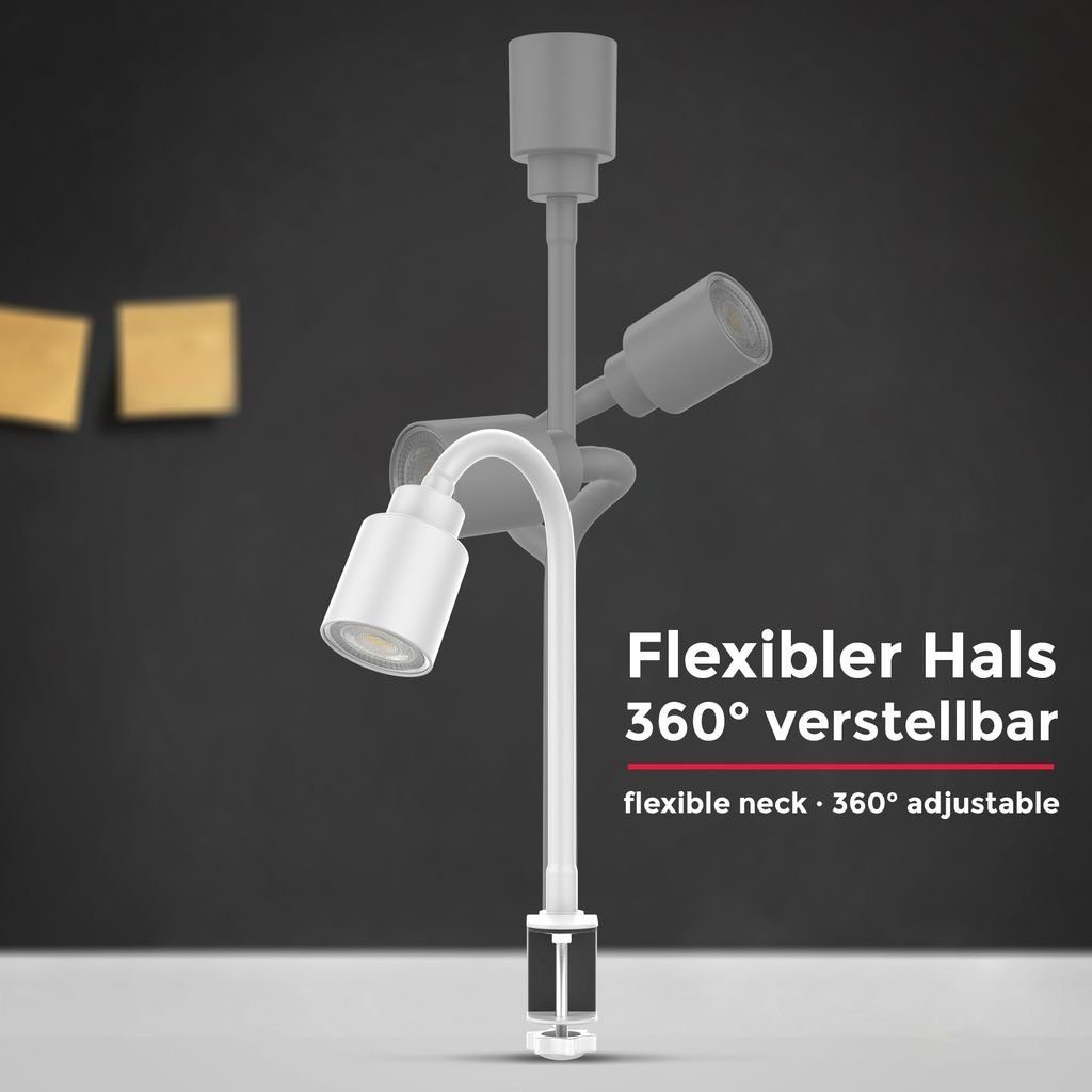 B.K.Licht Tischleuchte LED Klemmleuchte 5W GU10 Schwenkbar Drehbar Metall - BKL1356, LED wechselbar, Warmweiß, flexibler Schwanenhals Kippschalter Weiß-Matt Schreibtischleuchte