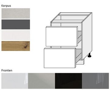 Feldmann-Wohnen Auszugsunterschrank Essen (2 Schubladen mit Vollauszug + Selbsteinzug (Rejs Comfort Box), 1-St., mit Acrylfronten (Ultrahochglanz), abrieb- / kratzfest) 60x50x82cm Front- & Korpusfarbe wählbar mit Soft-Close-Funktion