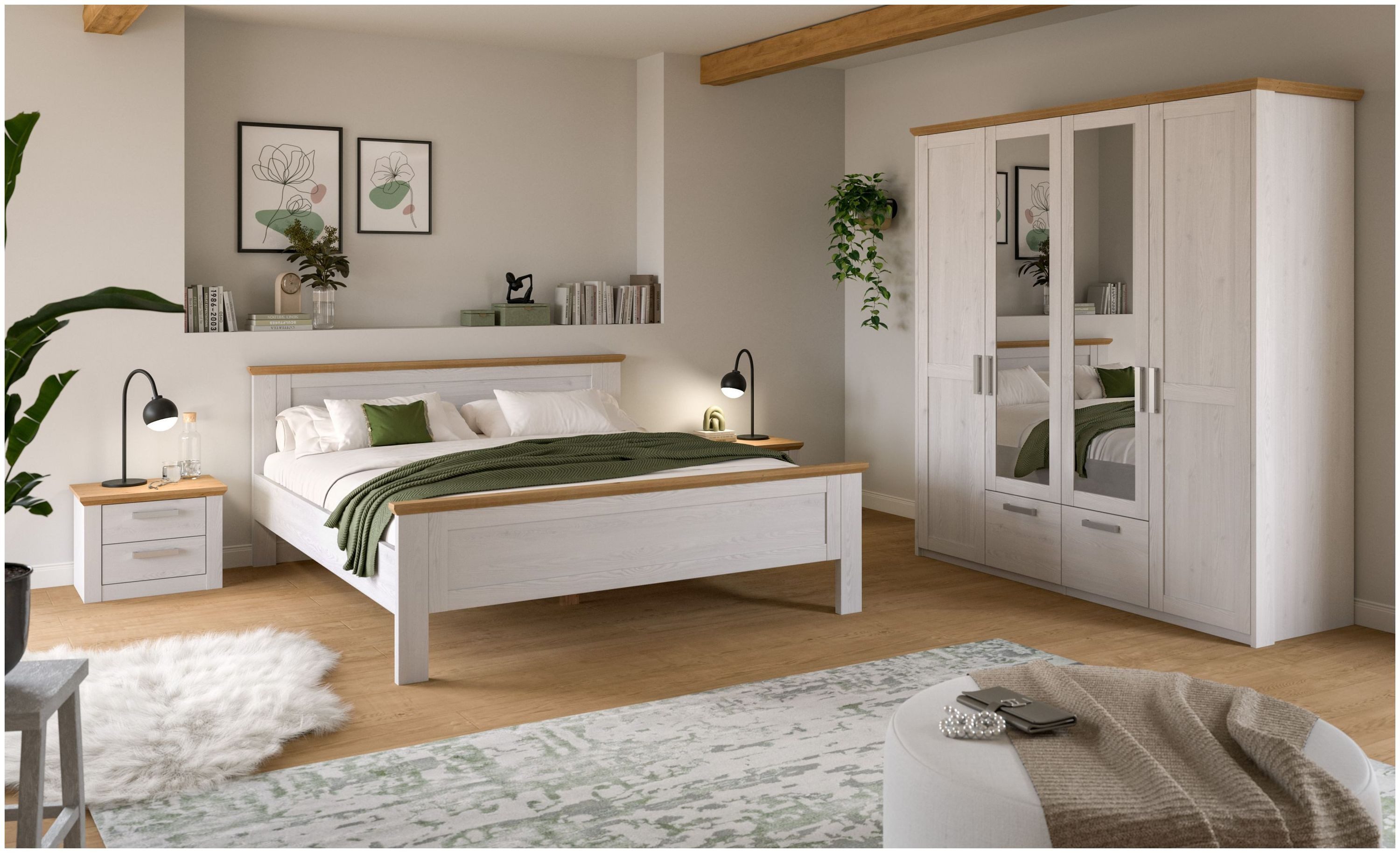 xonox.home Schlafzimmer-Set, (3-tlg. Bett 180x200 cm, Nachtkommoden & Kleiderschrank), in Sibiu Lärche Nachbildung Liegefläche von 180x200 cm