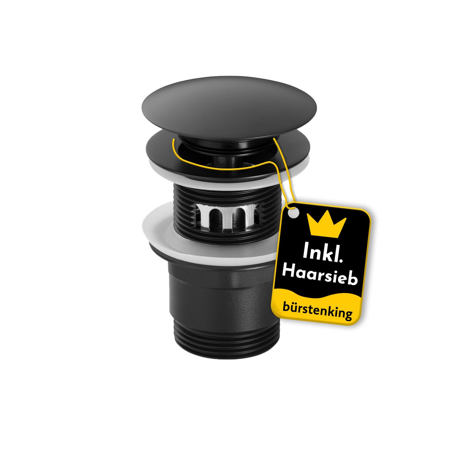 Bürstenking Ablaufgarnitur Ablaufgarnitur Ø 63-66 mm – mit & ohne Überlauf, Push-Open, Haarsieb Push-Open / Pop-Up