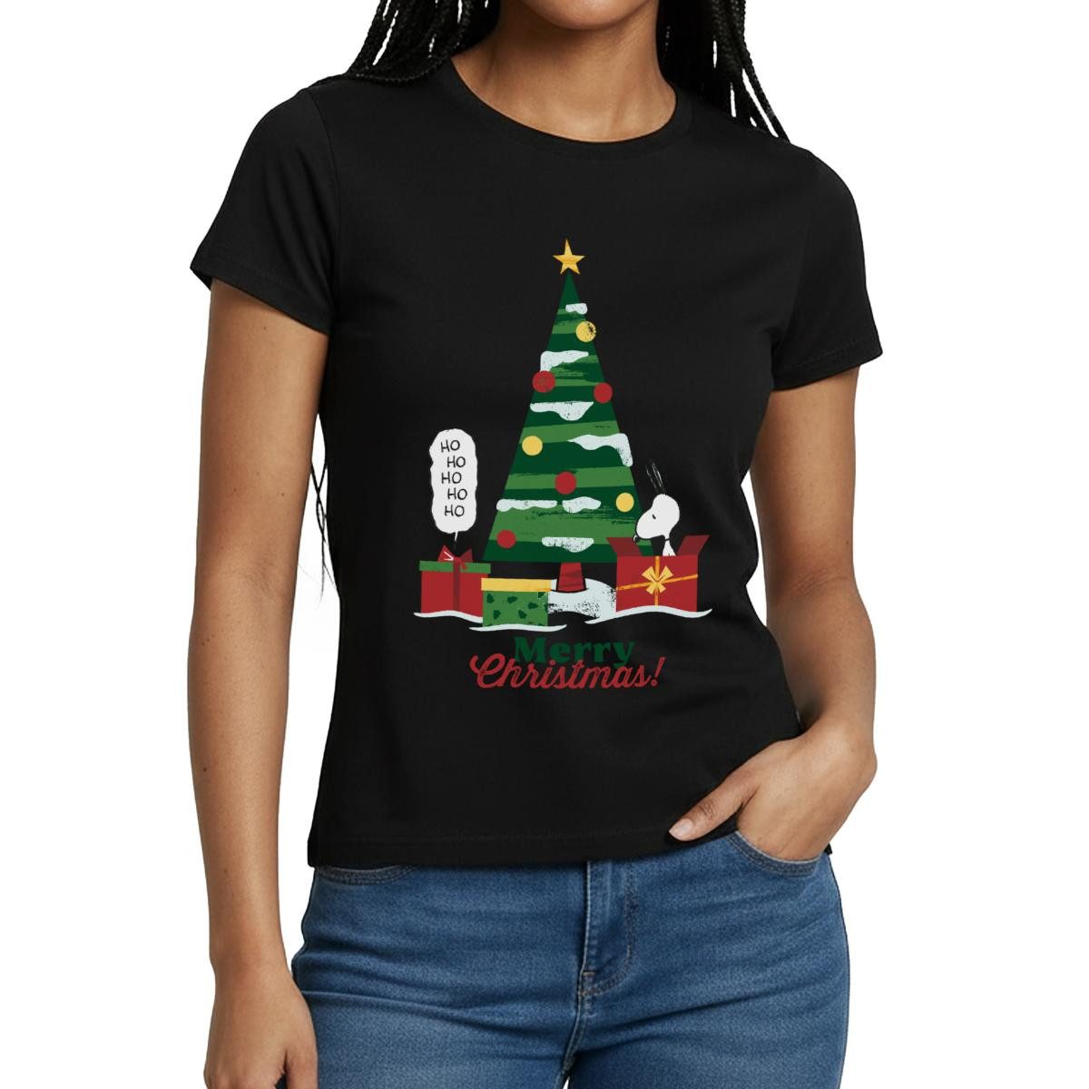 Spreadshirt T-Shirt Peanuts Merry Christmas Mit Snoopy Frauen T-Shirt (1-tlg) Slim Fit, fällt klein aus