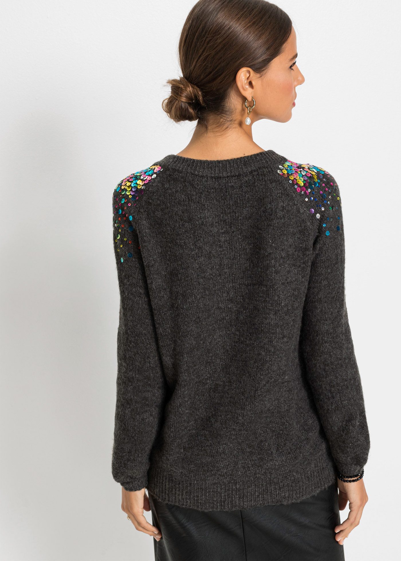 bonprix Strickpullover mit bunten Pailletten, Raglanärmel, bequem, Rundhals-Ausschnitt
