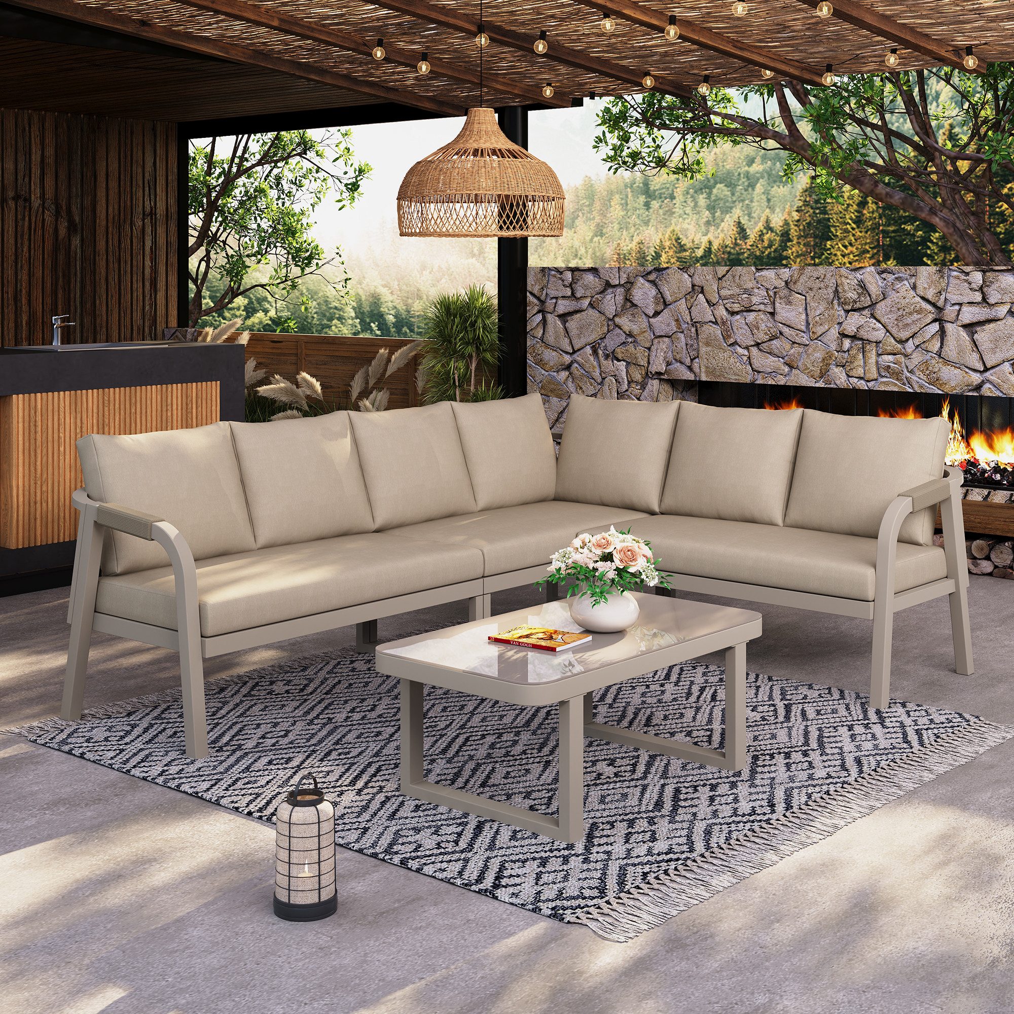 OKWISH Gartenlounge-Set für 6 Personen aus Stahl und Polyester, (Set, 2-tlg., Geflochtene Arm- & Rückenlehnen, verzinkte Stahlrohre), Inklusive Ecksofa und Couchtisch