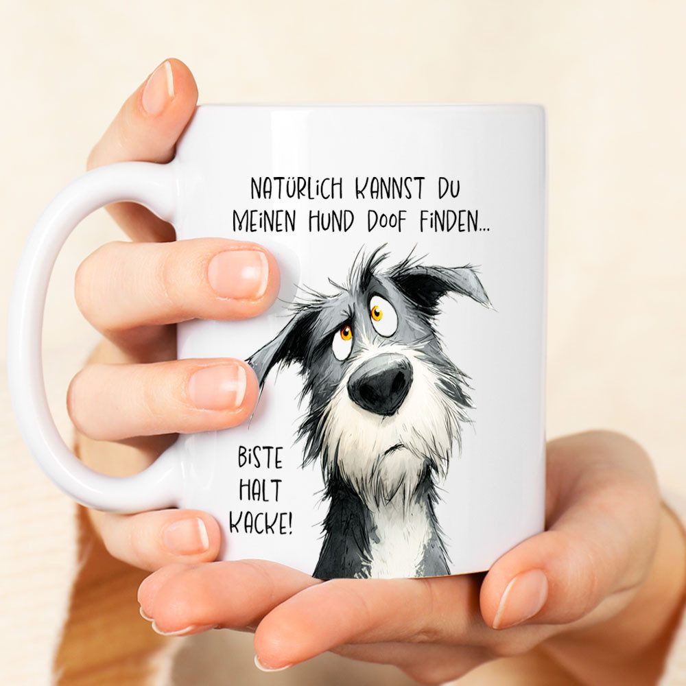 Cadouri Tasse 'Doof finden' Kaffeetasse mit Spruch - Geschenk für Hundefreunde, Keramik, mit Hundespruch, beidseitig bedruckt, handgefertigt, Geschenk, 330 ml