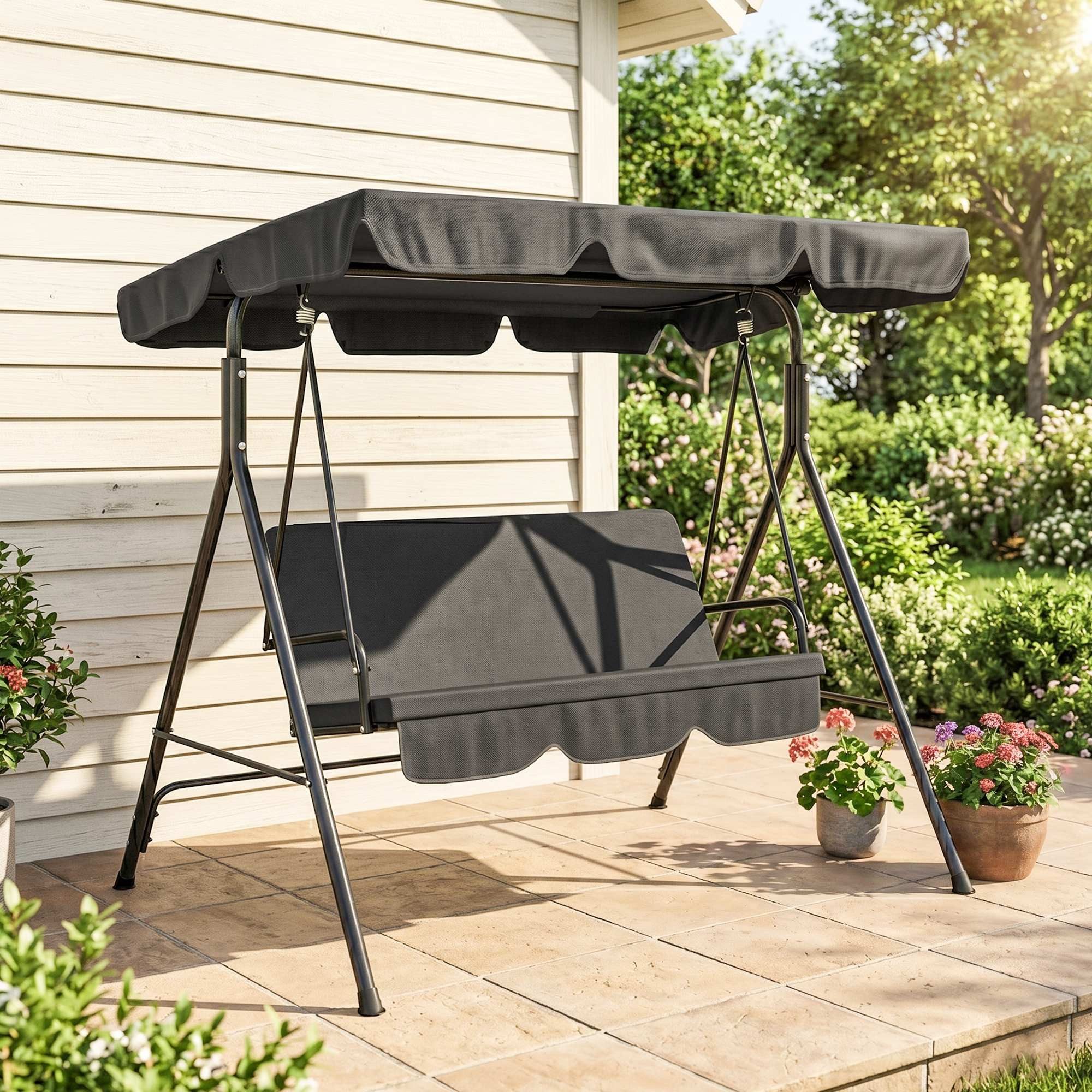 Outsunny Hollywoodschaukel Gartenschaukel, verstellbar, Schaukelbank belast bis 200 kg, 3-Sitzer, mit verstellbarem Dach, Schwingbank, 1 tlg., Gartenschaukel, Stahl Schwarz 172 x 110 x 153 cm