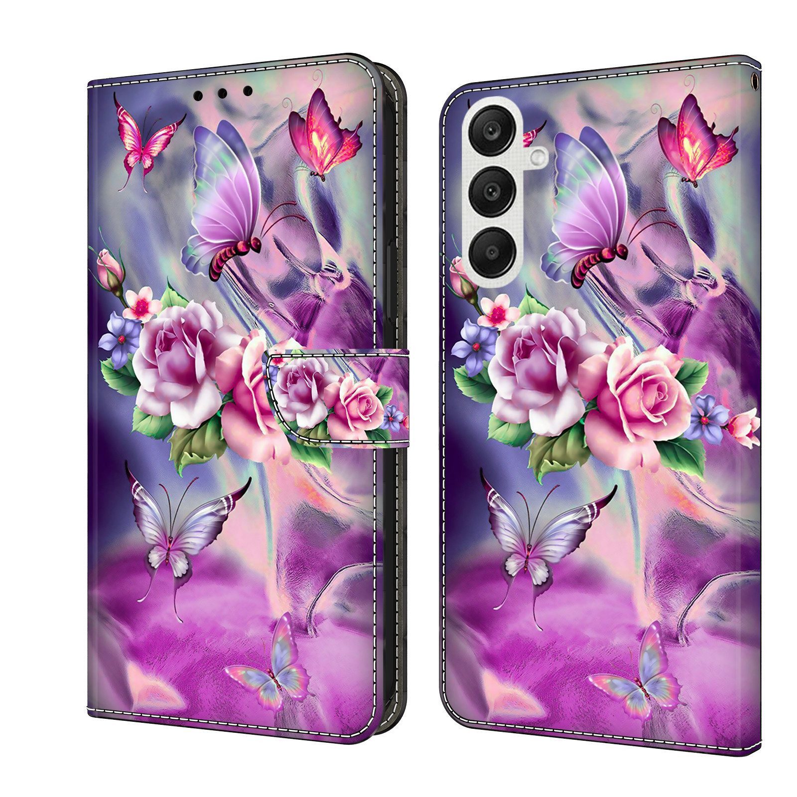 CLM-Tech Handytasche für Samsung Galaxy A57 5G Klapphülle aus PU Leder (lila Blumen Schmetterlinge, 1-tlg., Flip Case), Magnetverschluss, Standfunktion und Kartenfächer