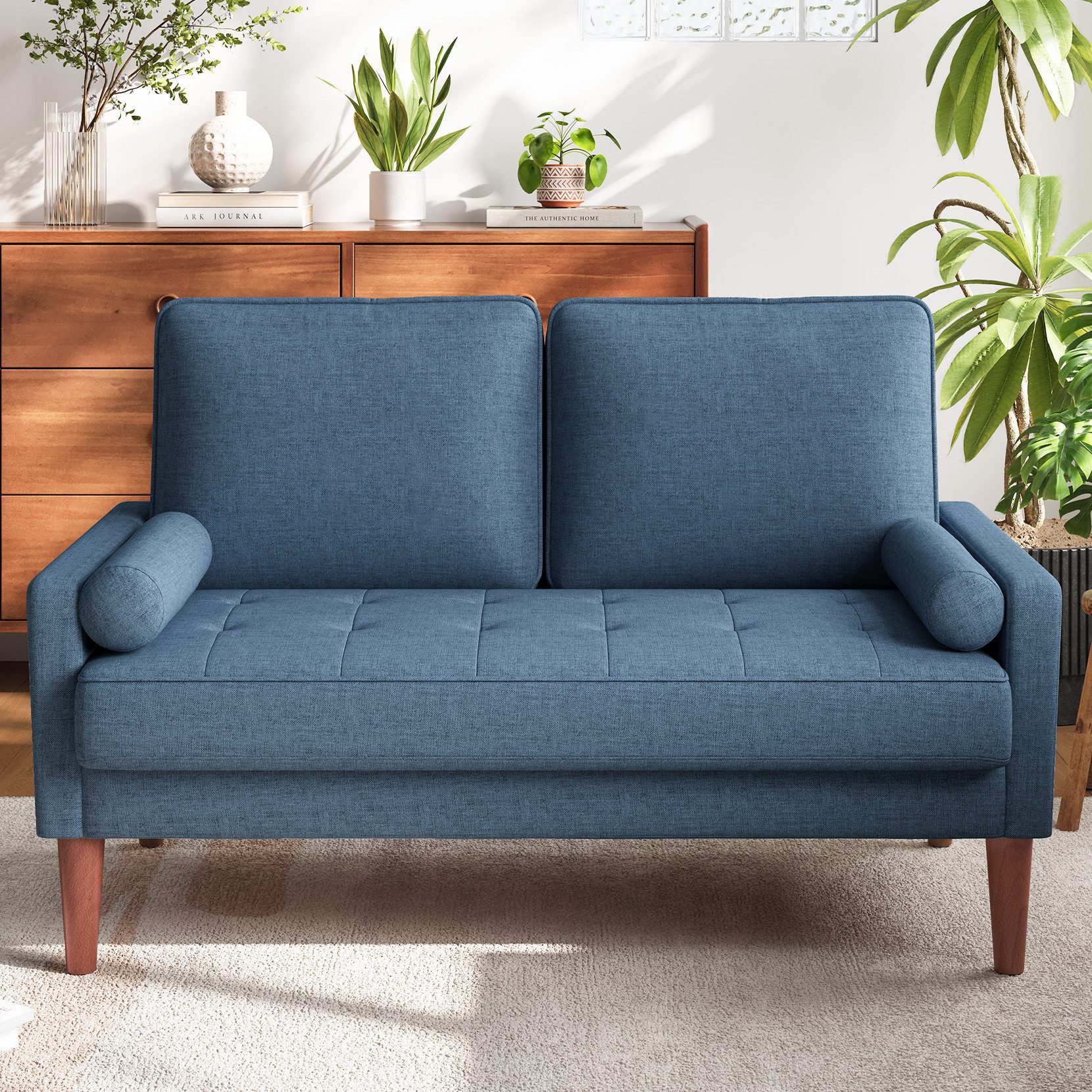 OUNUO Sofa 121cm Kleines Loveseat Sofa Couch aus Samt und Leinen mit 2 Zierkissen