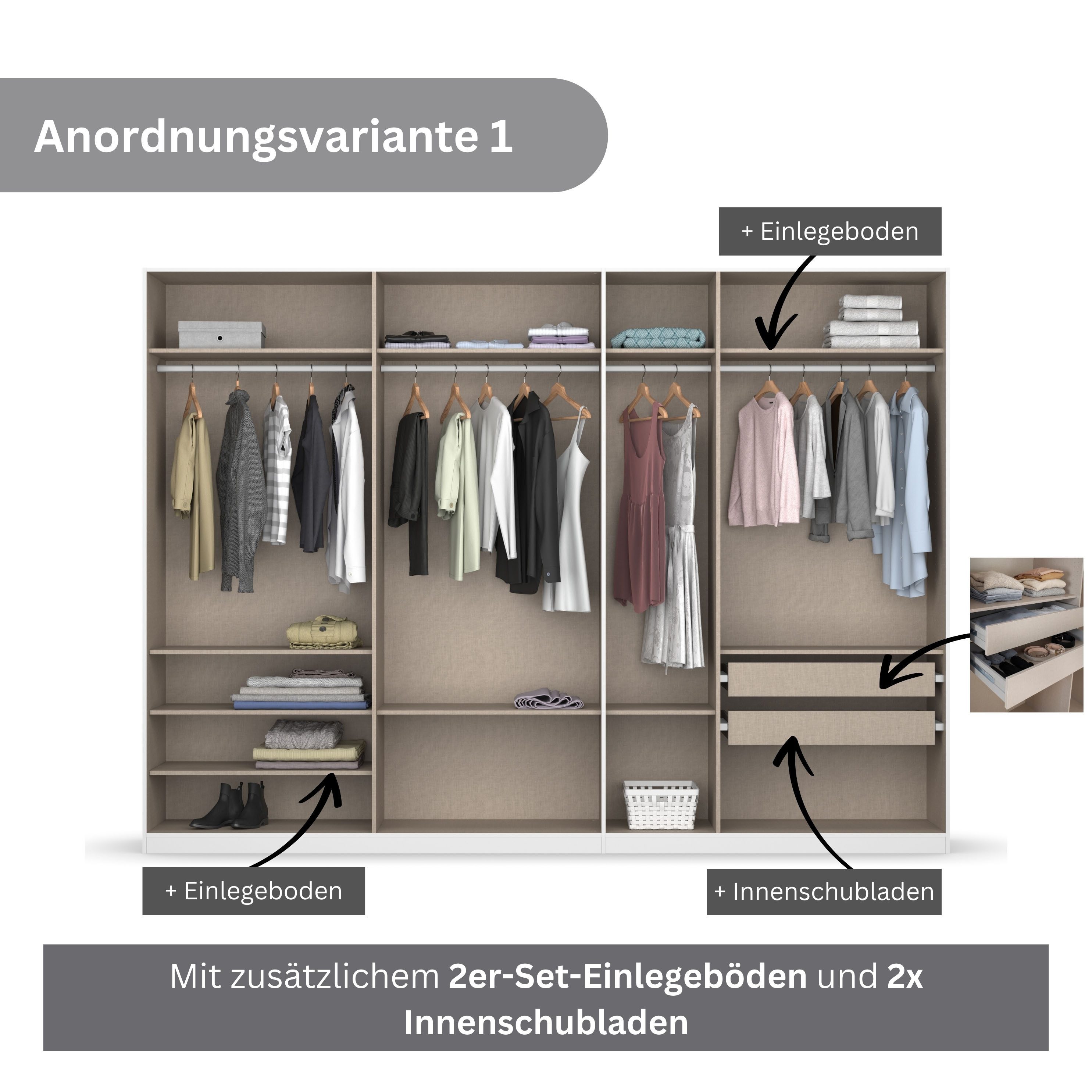 rauch Drehtürenschrank Kleiderschrank Schrank Garderobe KOLUNA mit hochwertiger Glas-Front (Breiten 181/226/271/315 cm Höhen 210/229 cm) mit Spiegel, inkl. 2 Innenschubladen sowie extra Böden MADE IN GERMANY