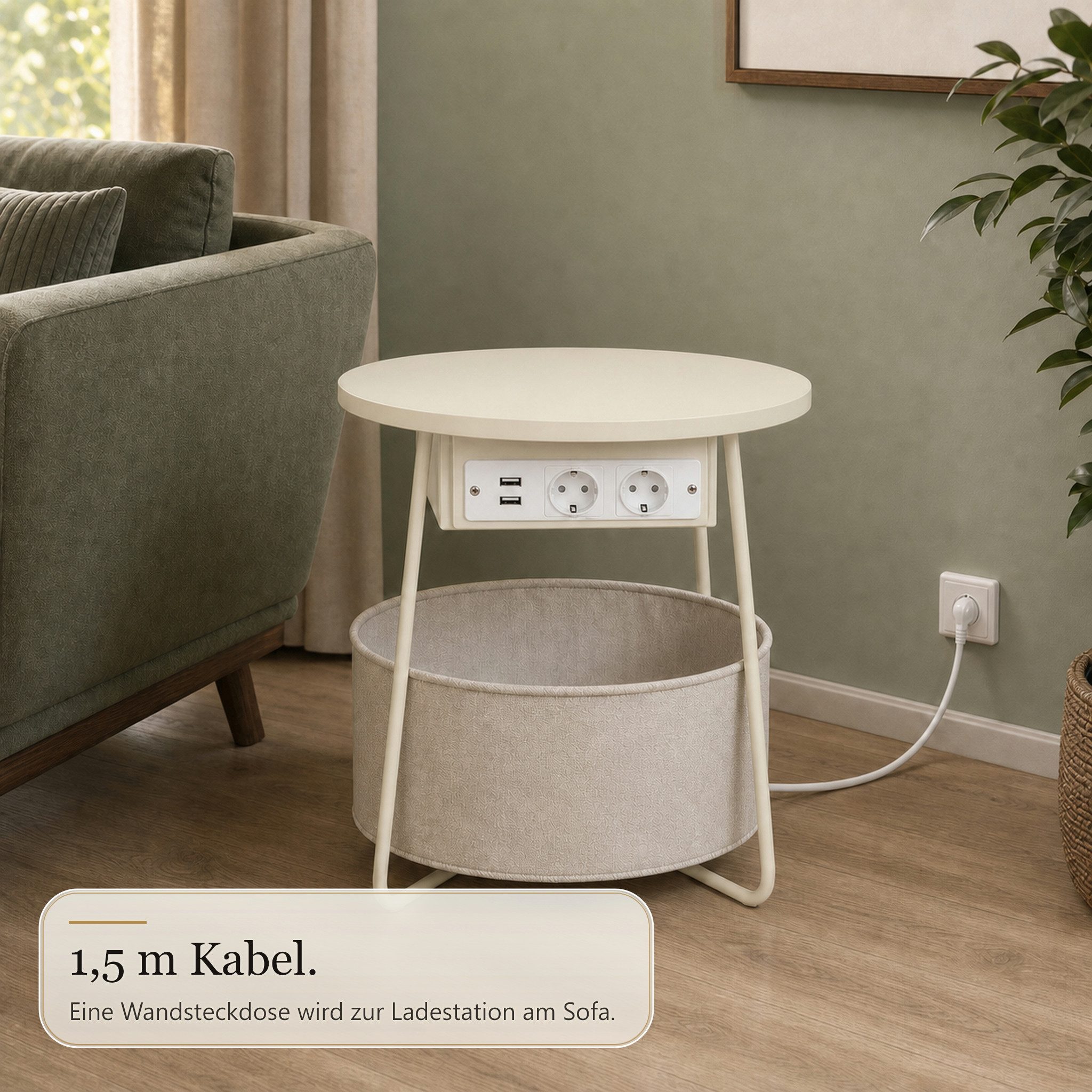 Floordirekt Couchtisch Dario Runder mit 2 Steckdosen A Stauraumkorb 2 USB 4 Farben (Einzelartikel), Integrierte Stromanschlüsse und USB-Ports – Bild 5 von 5
