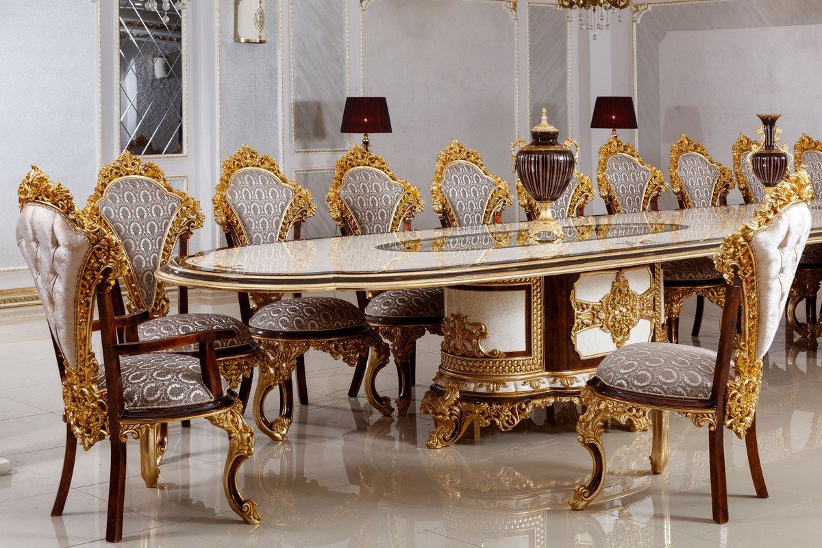 Esszimmerstühle / Set Gold - Palast Möbel Grau - / & Barockstil Barock Möbel Weiß Esszimmer-Set Schloss Barock Esstisch Esszimmer Hotel im 1 / - 22 Luxus Barock - Braun - Casa Möbel Möbel Luxus Padrino