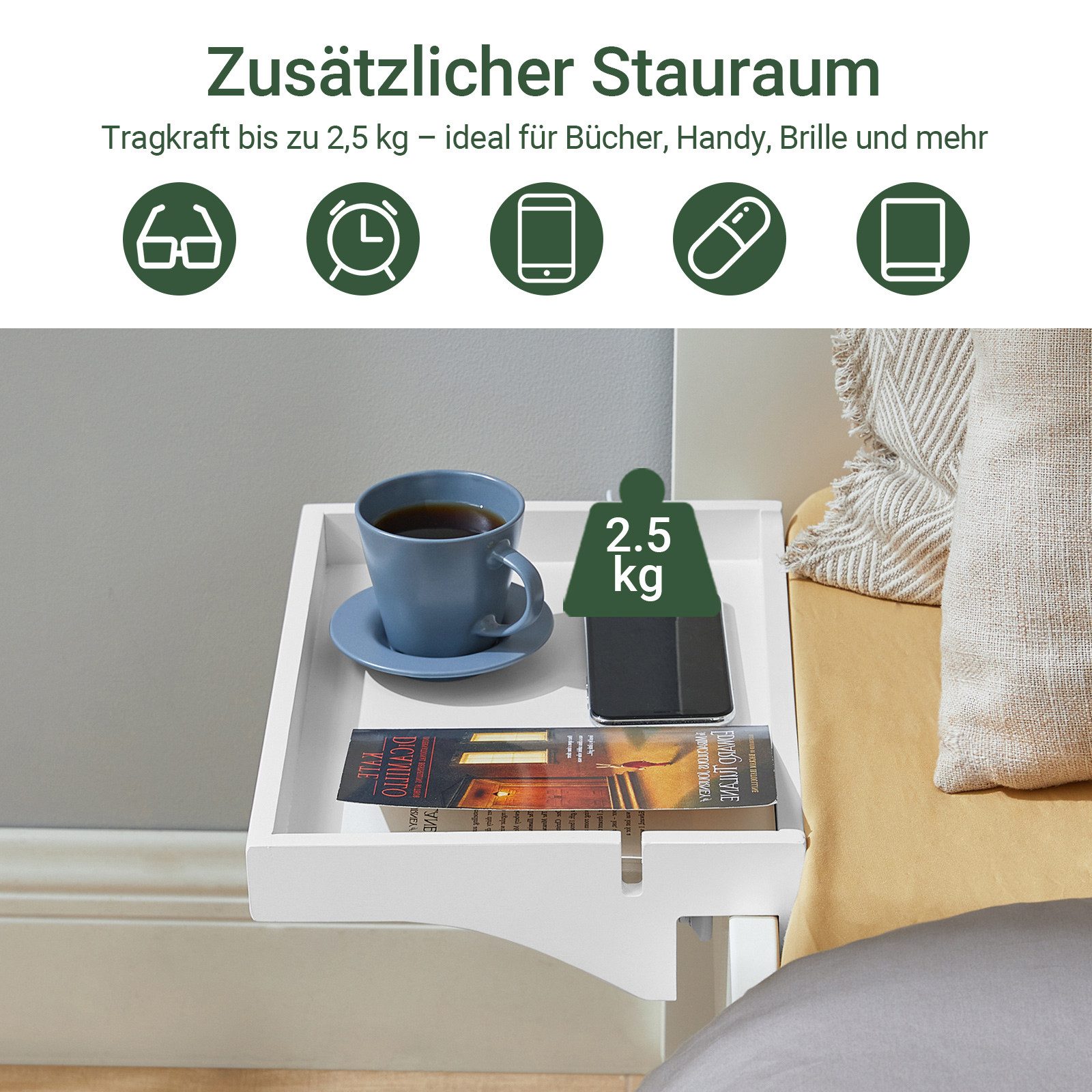 SoBuy Nachttisch NKD01, Klemmregal fürs Bett mit Kabelführung, Bambus, Bettablage mit Kabelführung Regal für Mobiltelefon Fernbedienung