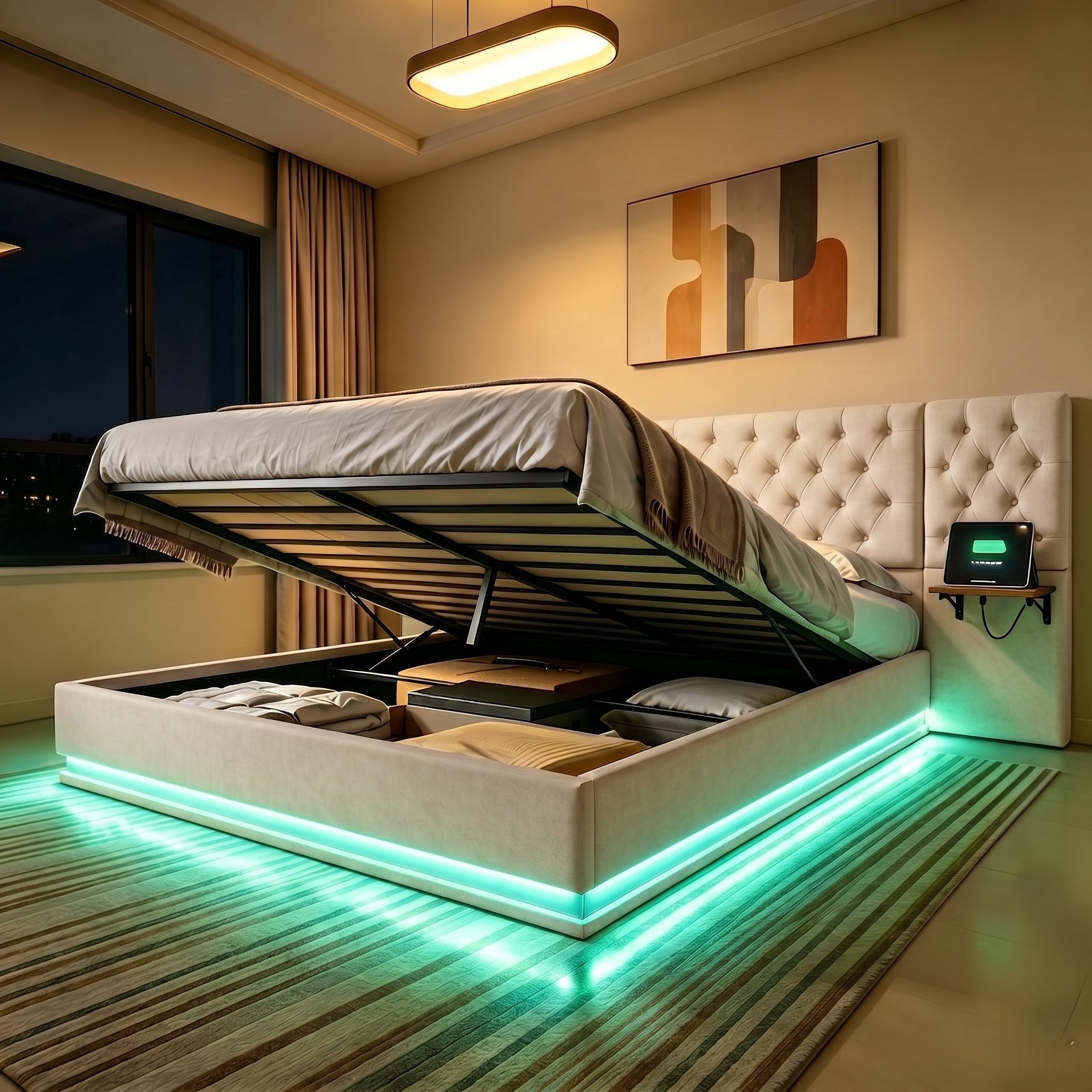 Furnishings Home Polsterbett Doppelbett Stauraumbett Bettkasten LED Licht 140x200 cm (Mit Komforthöhe Lattenrost und Ladefunktion), Modernes Jugendbett, Leises Design Bett, Max. Belastbarkeit 350 kg