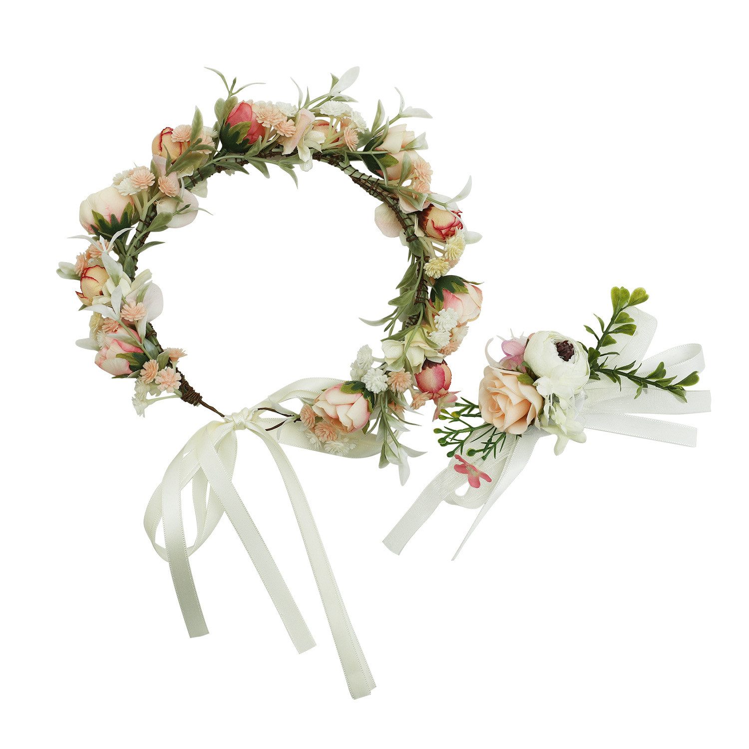 Bomiclss Haarband Blumenkranz Haarreif mit Armband – Rosen Blumenkrone, 1-tlg., für Braut, Hochzeit, Festival, Party & Strandlook