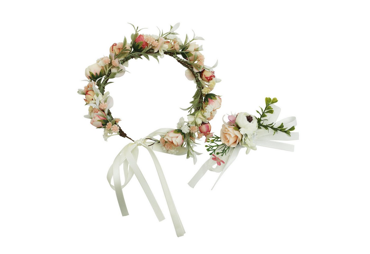 Bomiclss Haarband Blumenkranz Haarreif mit Armband – Rosen Blumenkrone, 1-tlg., für Braut, Hochzeit, Festival, Party & Strandlook