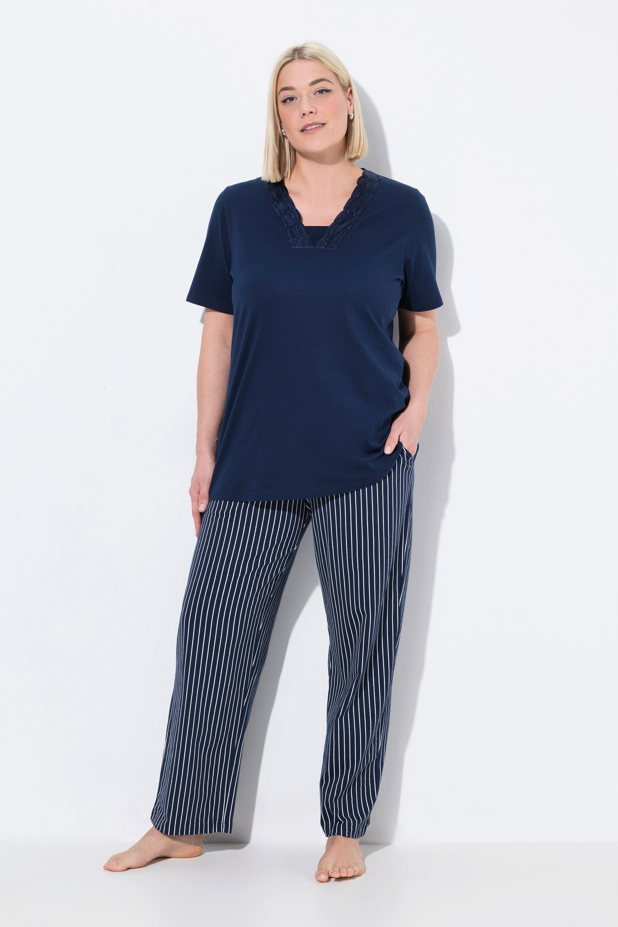 Ulla Popken Pyjama Schlafanzug Streifen V-Ausschnitt günstig online kaufen
