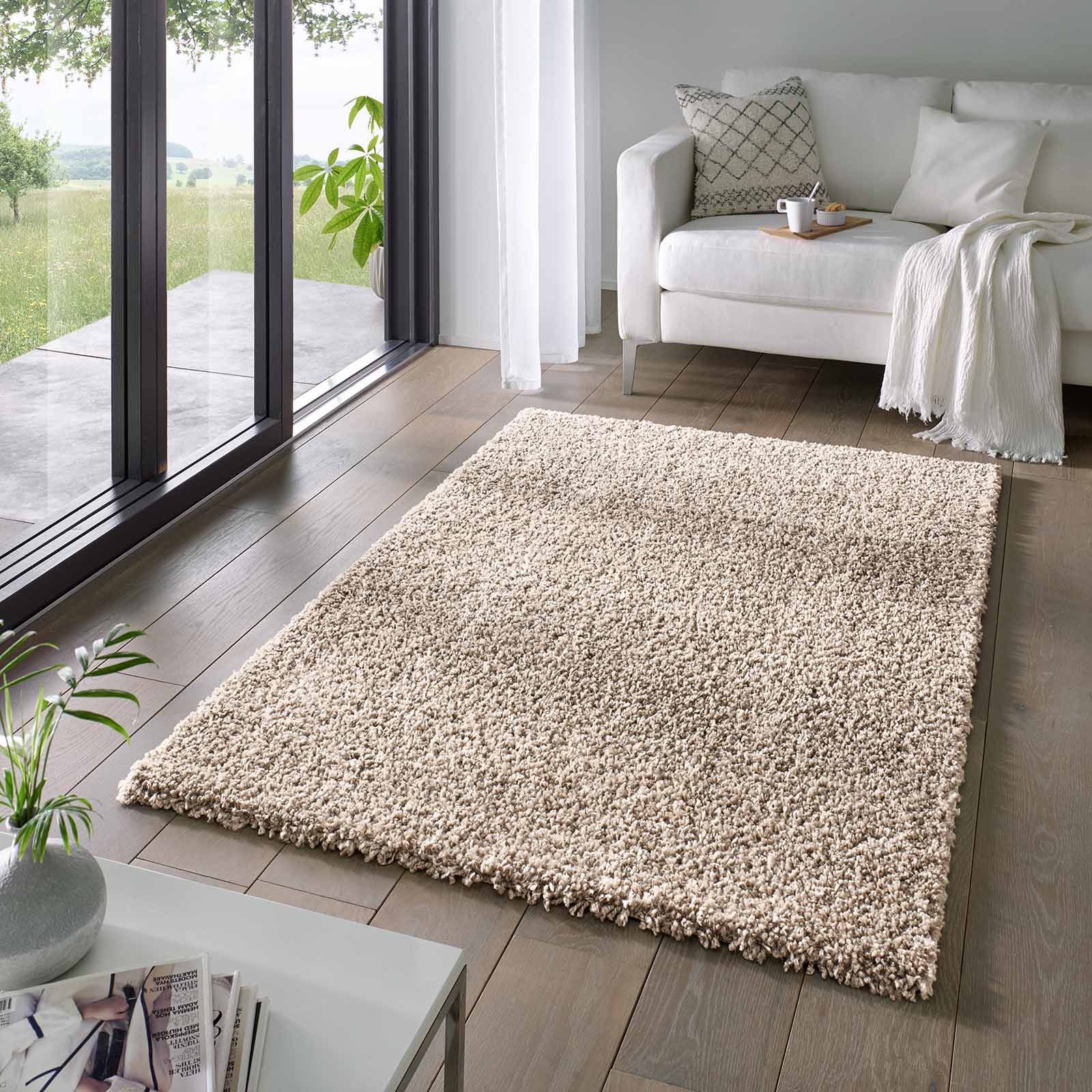TaraCarpet Langflor-Teppich Venezia Shaggy, rechteckig, Höhe: 35 mm, Hochflor Shaggy Uni Beige Wohnzimmer Schlafzimmer 090x300 cm