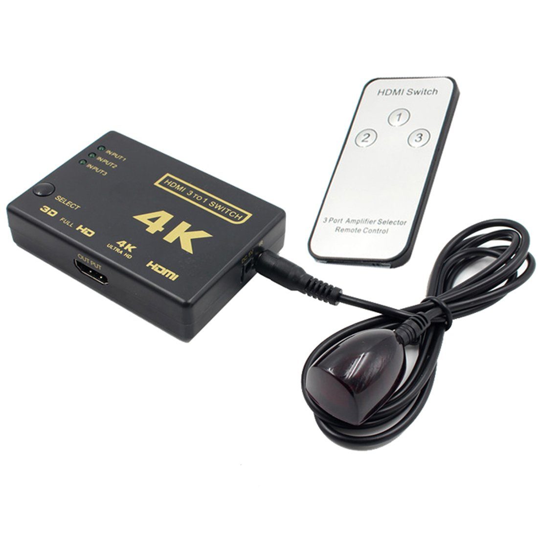Bolwins I04C HDMI Umschalter Switch Adapter 3 zu 1 mit Fernbedienung für TV PC Medienkonverter HDMI zu HDMI Buchse, 100 cm, Automatisches Umschalten, Manuelle Umschaltung per Taste/Fernbedienung