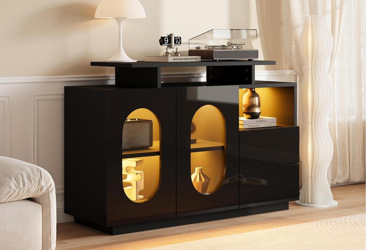 LVHOM Sideboard 120cm, elegantes Schwarz, modernes Design, viel Stauraum (Ovales Glasdesign,Hochglanzoberfläche,Stabilisierte Ablagefläche für vielseitige Organisation, LED-Beleuchtung, geeignet für Vitrine, Sideboard und Minibar), eine vielseitige Lösung, die Ästhetik und Funktionalität vereint