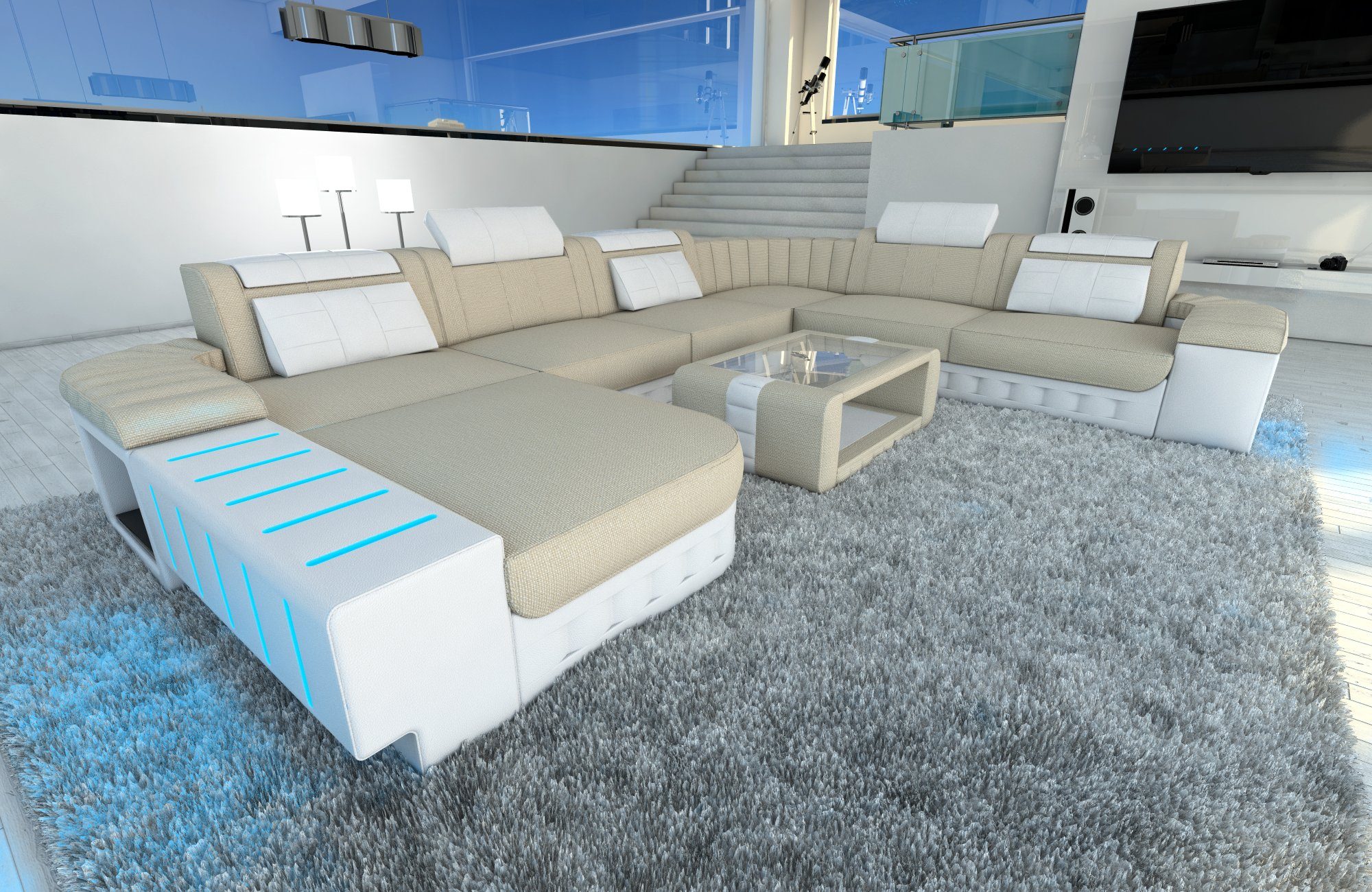 Sofa Dreams Wohnlandschaft Sofa Couch Stoff Bellagio XXL U Form Polster Stoffsofa, mit LED, wahlweise mit Bettfunktion als Schlafsofa, Designersofa