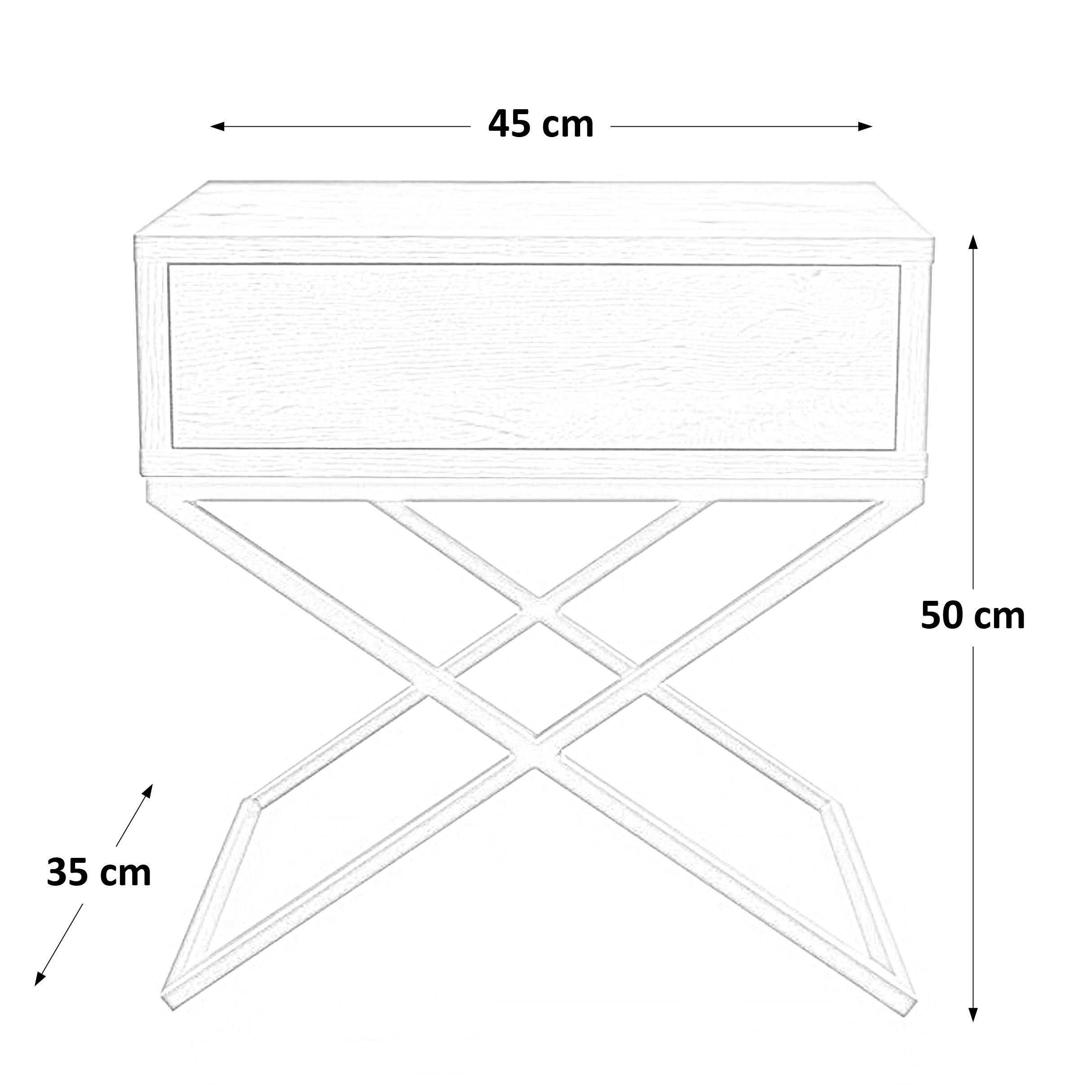 Wotan x-förmigen 45 Schlafzimmer Tisch Goldenfarbig Deisgn T), Metallgestell, x 50 H Eiche (B | im für Nachttisch x kleine 35 cm (inkl. Beautysofa modernes Schublade, x x Max