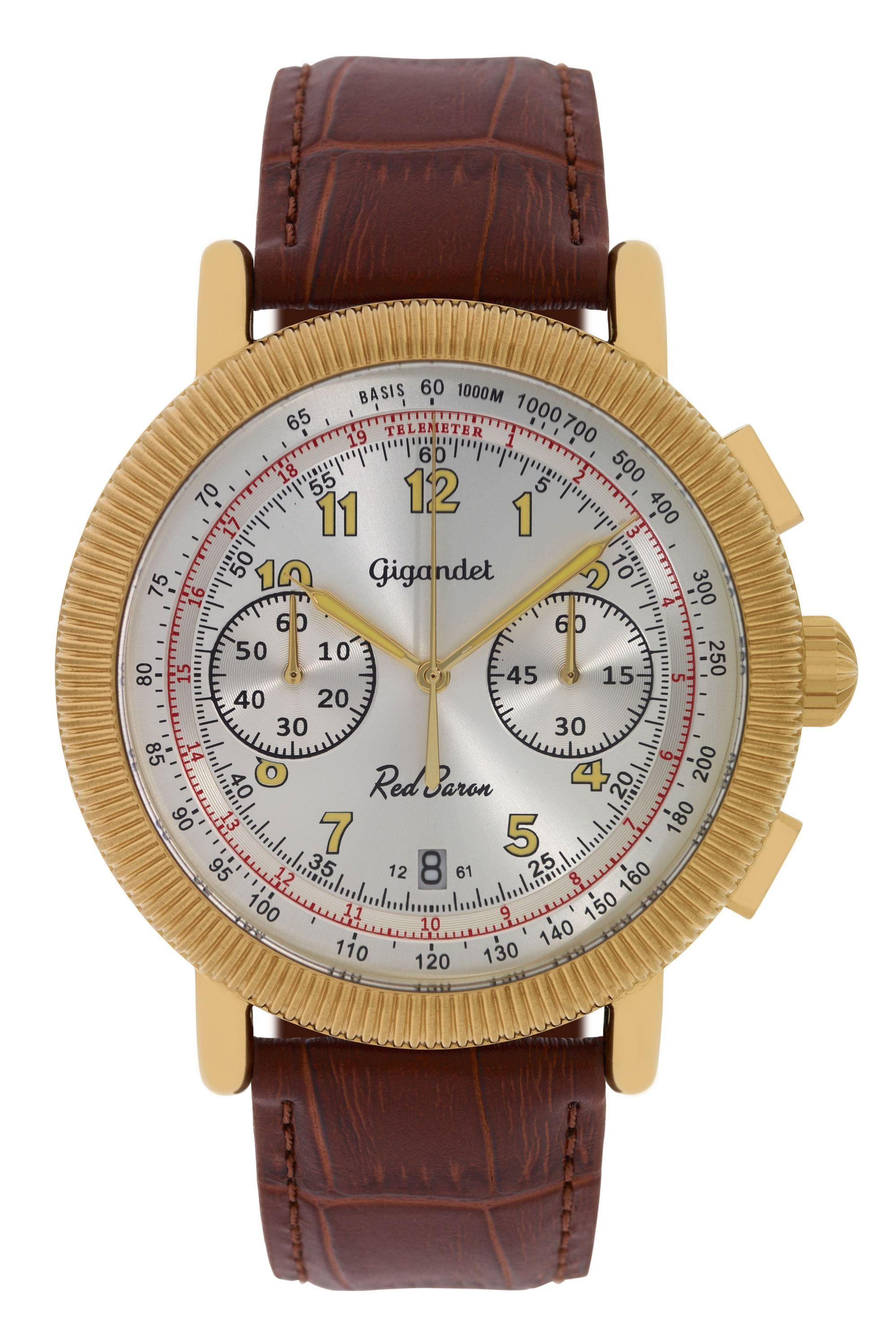 Gigandet Armbanduhr, Herrenuhr, Fliegeruhr, 46mm, RED BARON IV G19-007, Mineralglas, Datumsanzeige, Lederband, 10bar/100m wasserdicht